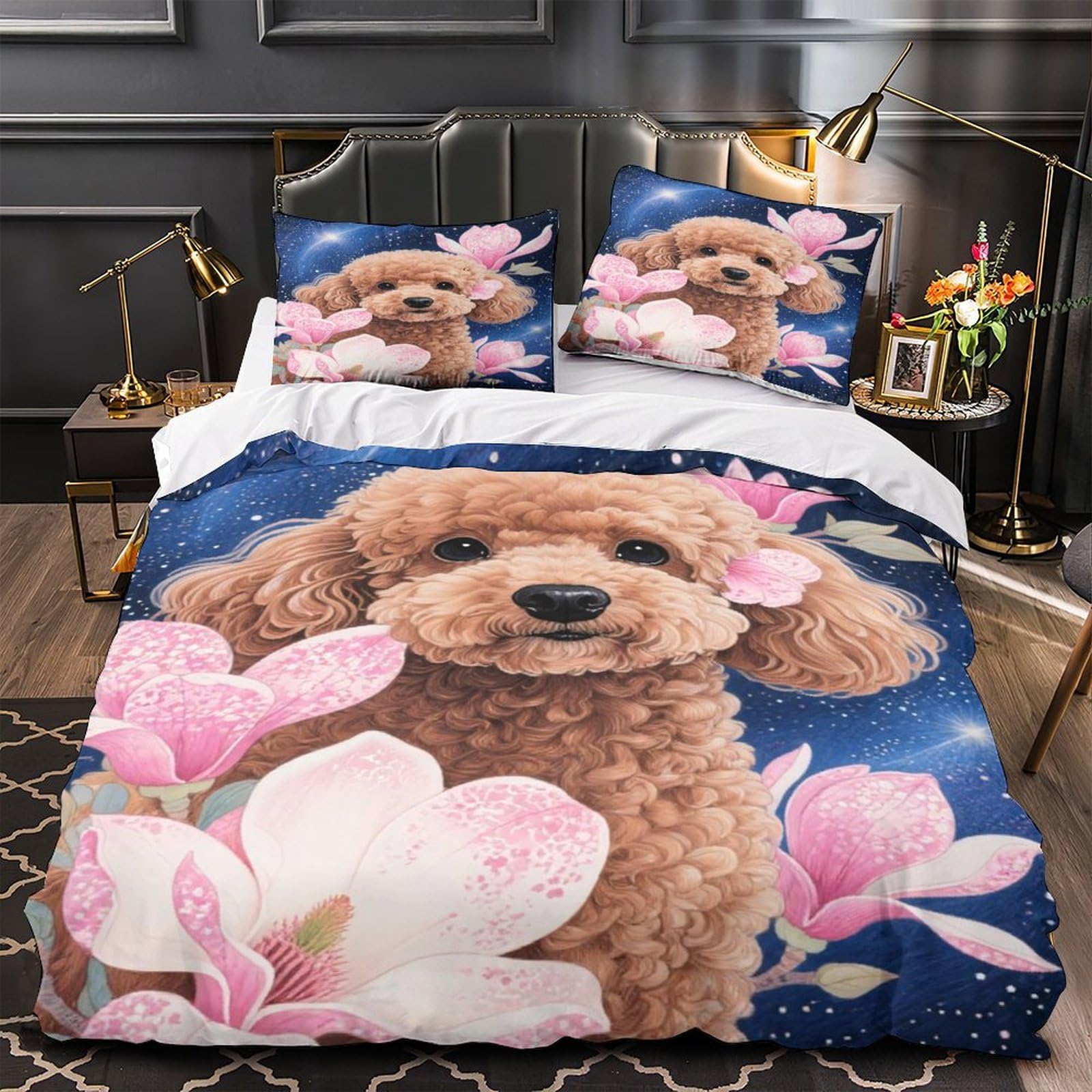 Housse de couette 3D caniche anti-acariens et parure de lit 3 pièces douce pour lit king size