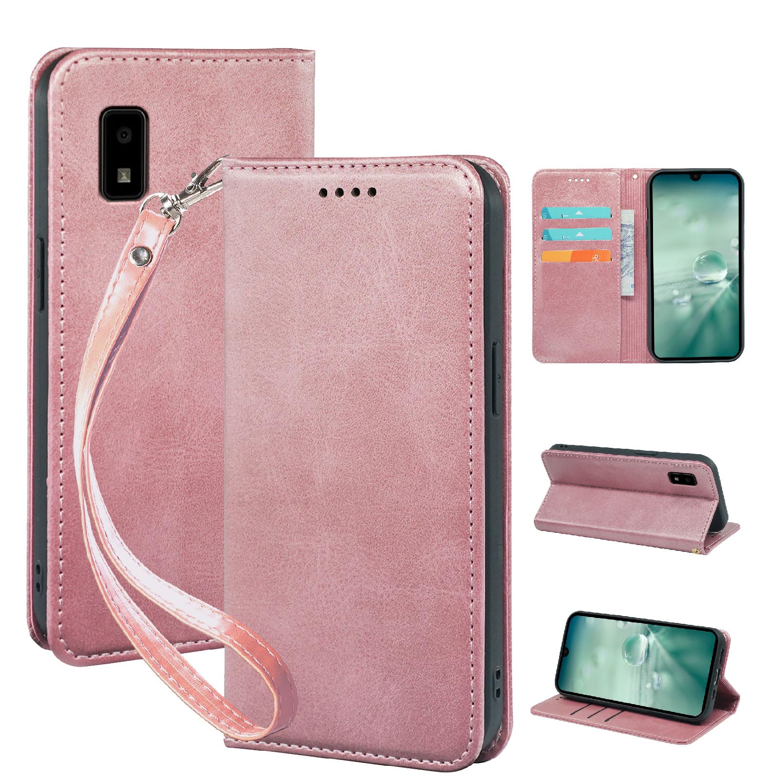 seninhi 対応 AQUOS wish wish2 用の ケース 手帳型 ウィッシュ shg06 [ SH-M20 / A104SH / SH-51C ] スマホケース 職人仕様 手縫い革ケース スタンド機能付き 財布型 360度保護 耐衝撃 カード収納 レザー 多機能 ベルトループ付き‌ おしゃれ 携帯カバー ライトローズゴールド XNWWISHPG
