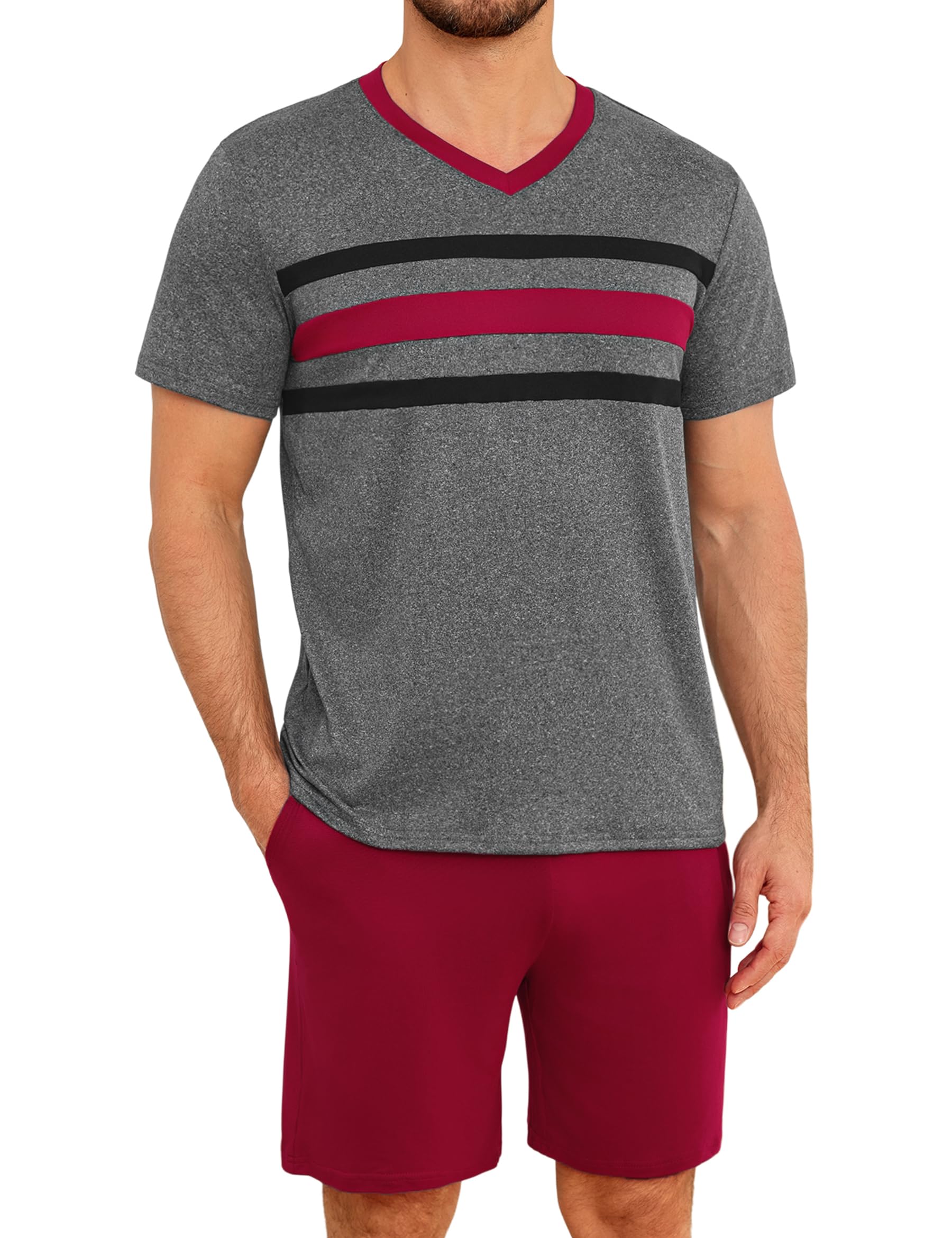 Men's Pyjamas Short Summer Two Piece Short Sleeve Pyjamas Men with V Neck Contrast Stripes Elastic Waist Pockets Sleepwear Set S-XXL-image-4