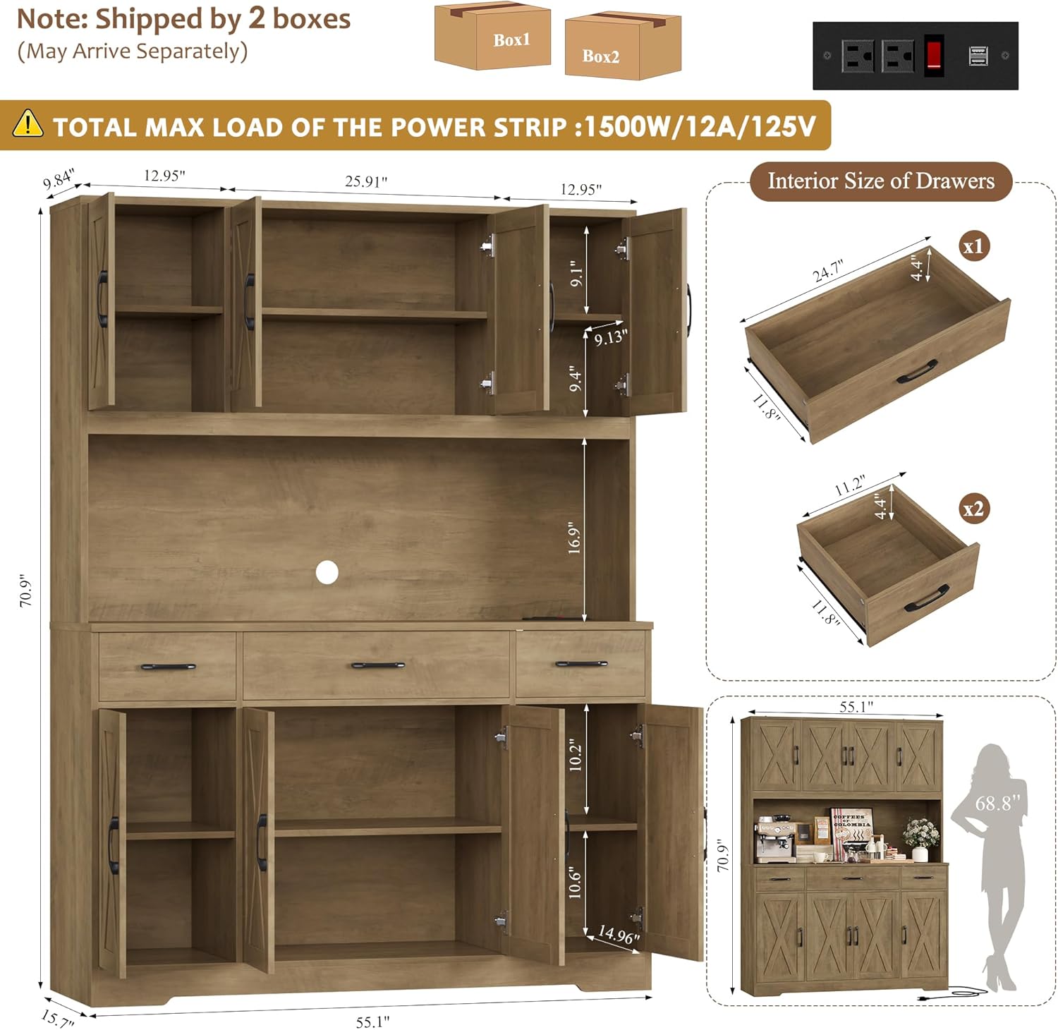 HOSTACK 71" Tall Pantry Cabinet with Charging Station, 55" Wide Kitchen Pantry Storage Cabinet with Countertop, Large Kitchen Hutch with Storage and Microwave Stand for Dining Room, Rustic Brown