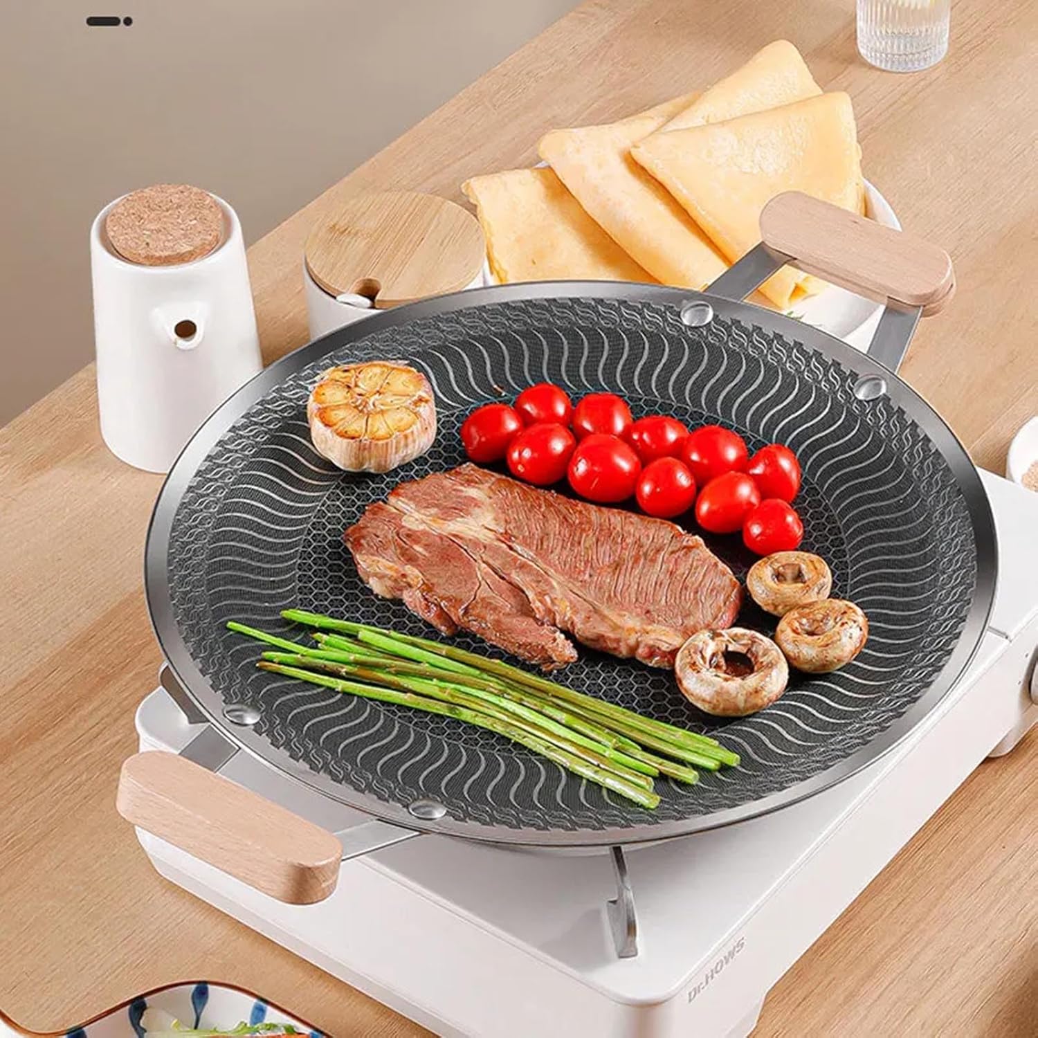 BBQ Grill Pan, Nonstick Round Griddle Grill Pan, Portable Round Cast Stainless Steel Skillet with Handle for Indoor or Outdoor Grilling,34cm