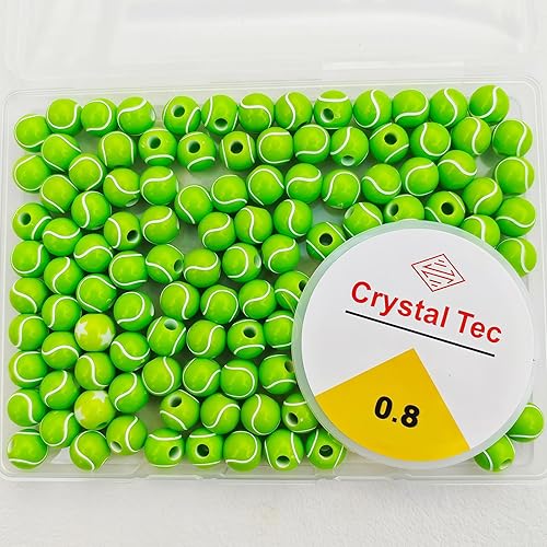 Miniatura 5 de 100 cuentas de pelota de tenis a granel, cuentas deportivas de tenis verdes acrílicas, cuentas espaciadoras redondas con cuerda elástica para