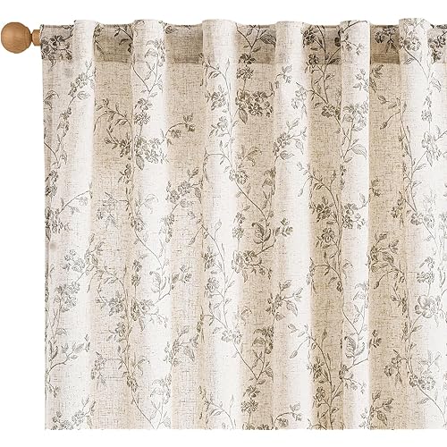 Lazzzy Linen Farmhouse Curtains Grey Floral Curtains 63 Inch Long Back Tab Drapes for Living Room Bedroom Light Filtering Country Vintage Rod Pocket Curtain, 2 Panels, Gray on Beige
