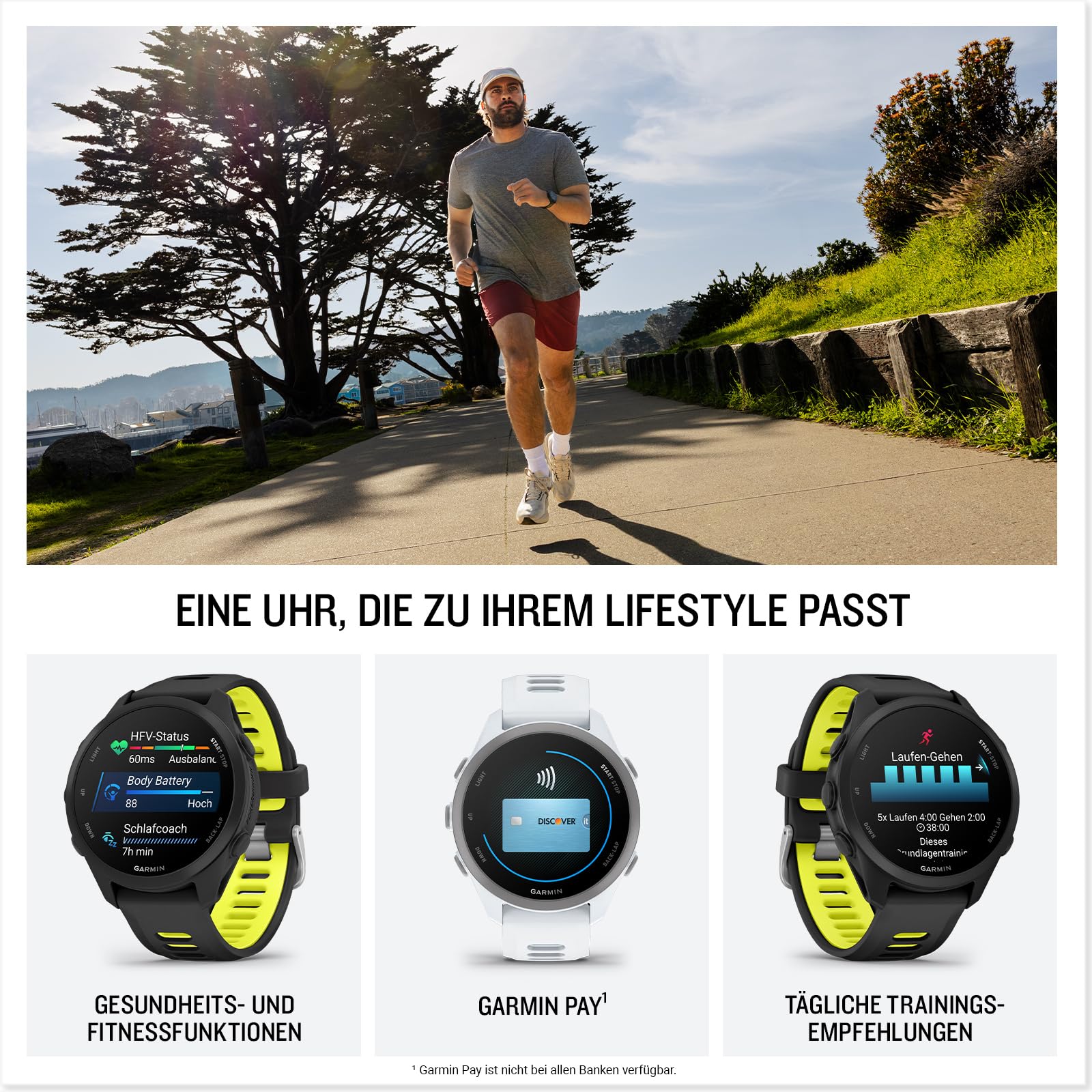Garmin Forerunner 170 43mm - Lauf-Smartwatch, 1,2" AMOLED Touchscreen, bis zu 10 Tage Akkulaufzeit, Trainingsempfehlungen, Gesundheitsdaten, smarte Funktionen, 80+ Sport-Apps, Pay
