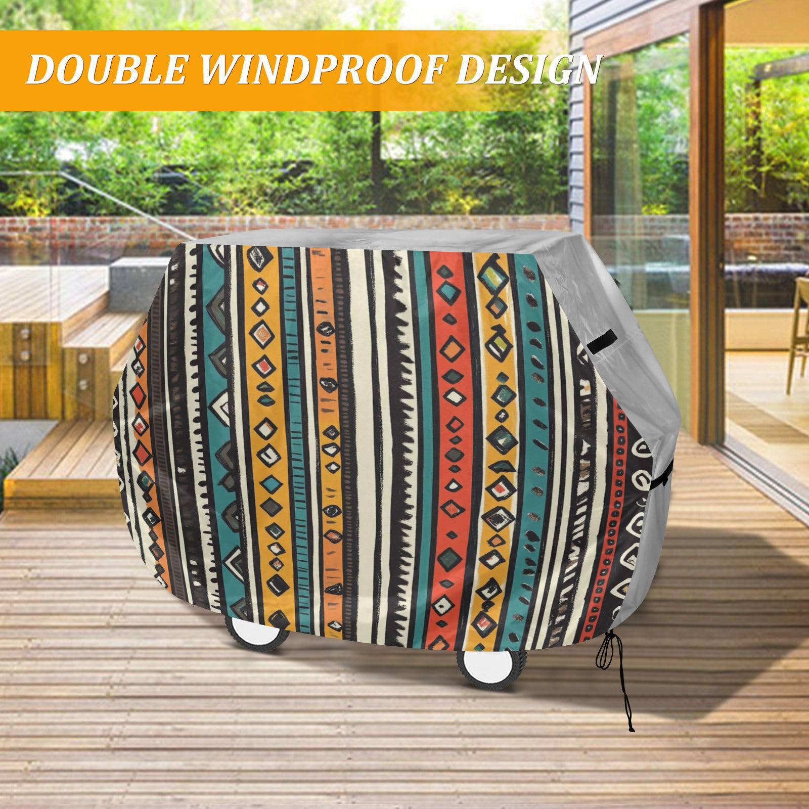 Pionowe paski boho retro pokrowiec na grilla 150 cm wodoodporny wytrzymały odporny na rozdarcie odporny na blaknięcie materiał pokrowiec na grilla z regulowanym sznurkiem na kurz i wiatr