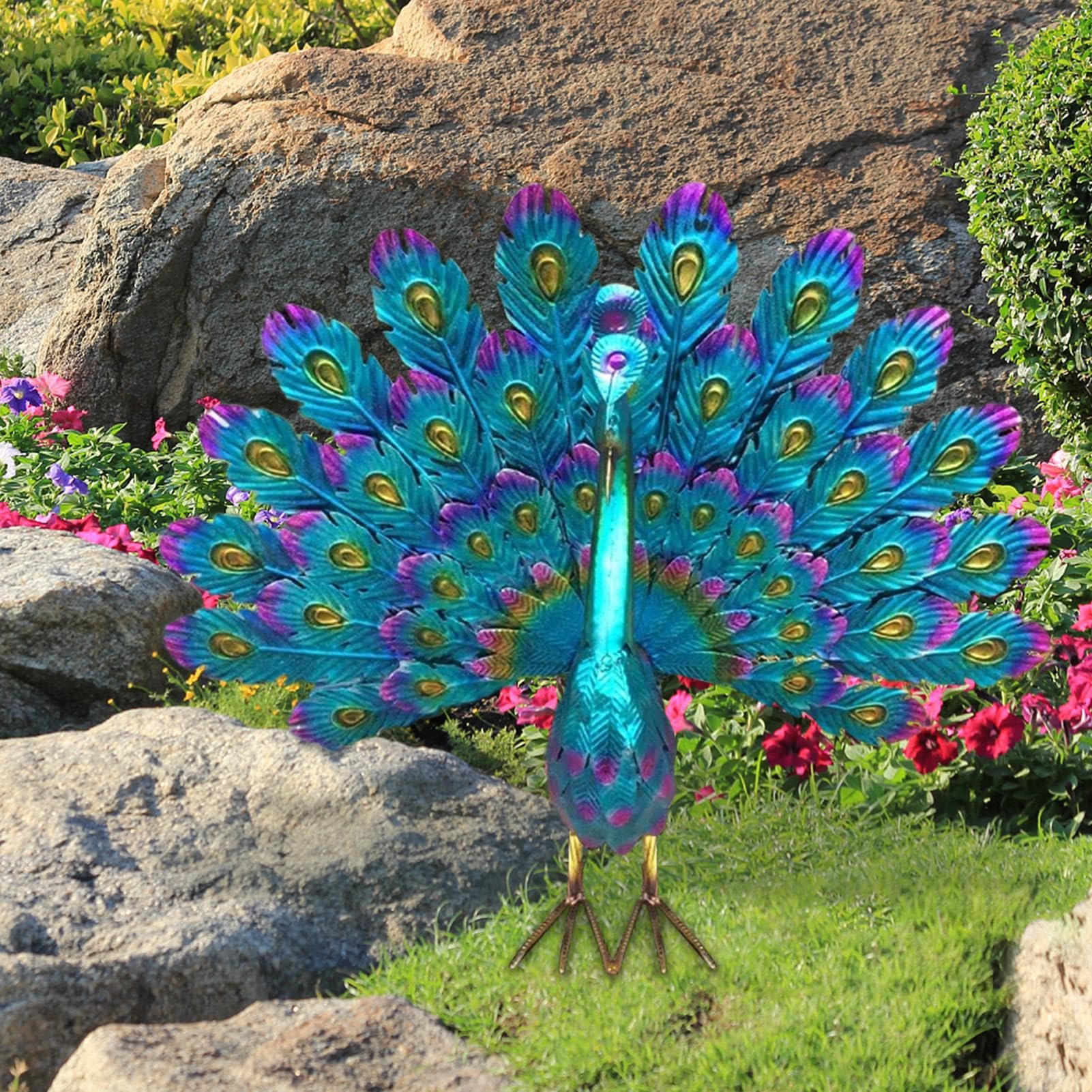 Statue Paon Jardin Outsunny 83 Cm - Décoration Extérieure Métal Multicolore Résistante Aux Intempéries Avec Piquets