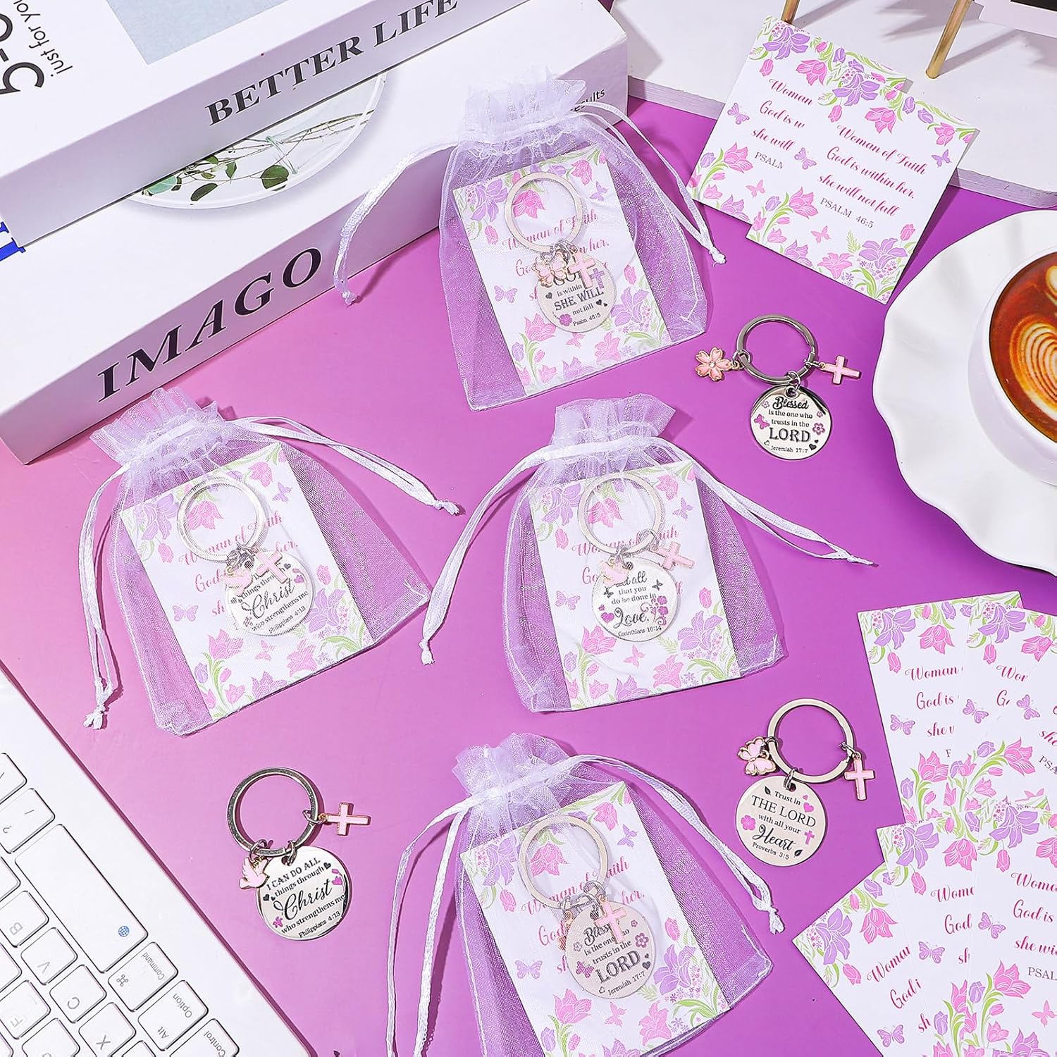 24 Sets Faith Christian Keychain Gifts for Women Religious Butterfly Cross Stainless Steel Key Chains Spiritual Bible Verse Cards with Organza Bags for Easter Christmas Baptism Coworker - Image 7