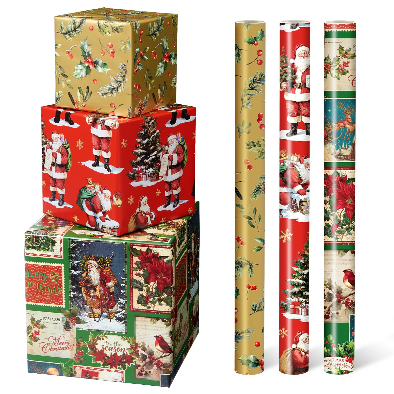 WERNNSAI 3 Rolls Vintage Christmas Wrapping Papers 43x305 cm Xmas Gift Wrap — image 1