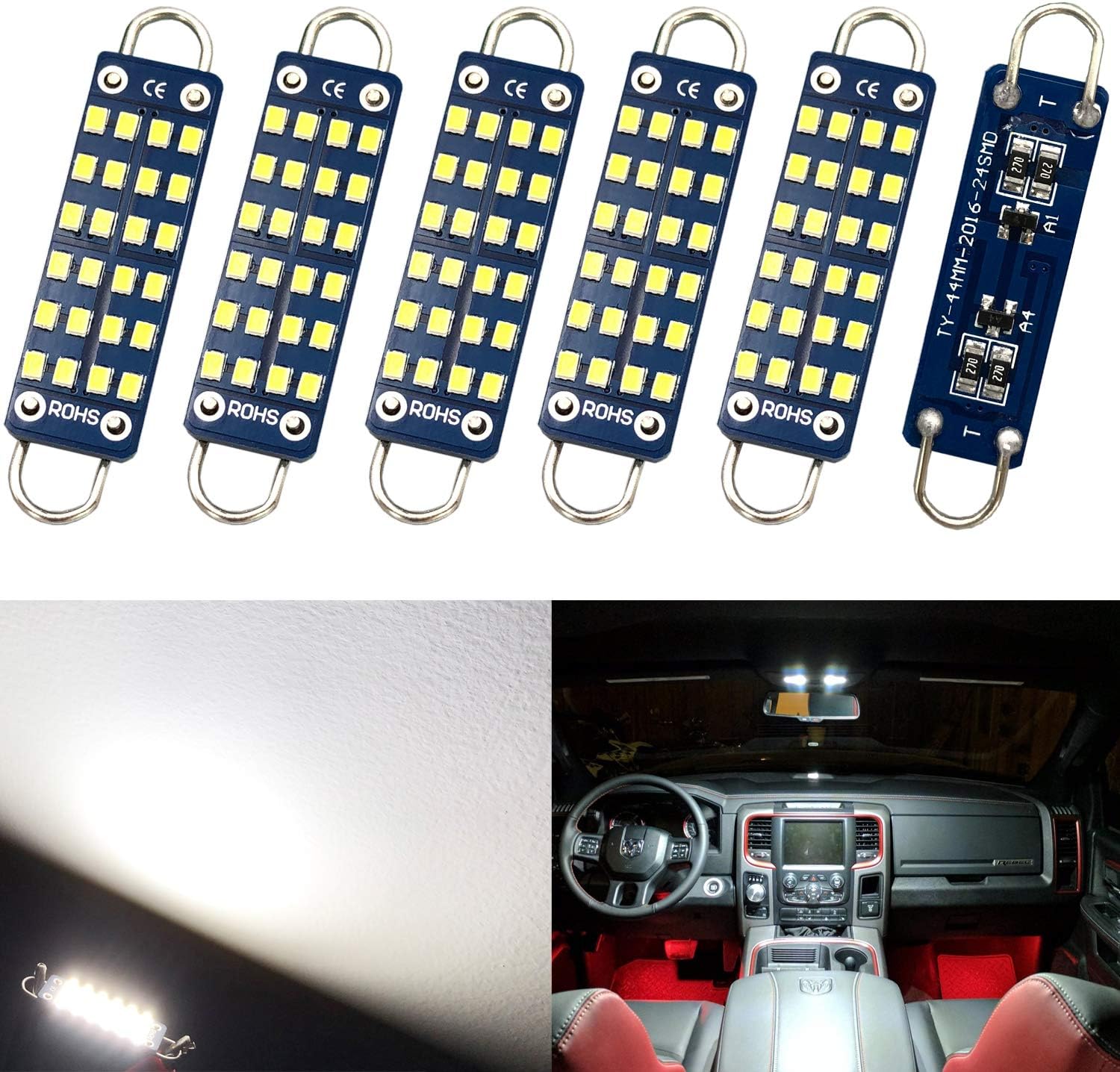 6-Pack 44mm 1.73" White 211-2 212-2 561 562 567 564 RL4410 Non-Polarity Festoon LED Bulb 2012 Chip 24 SMD 12V Rigid Loop Interior Light for Dome Map Buick Engine Compartmen Bulb