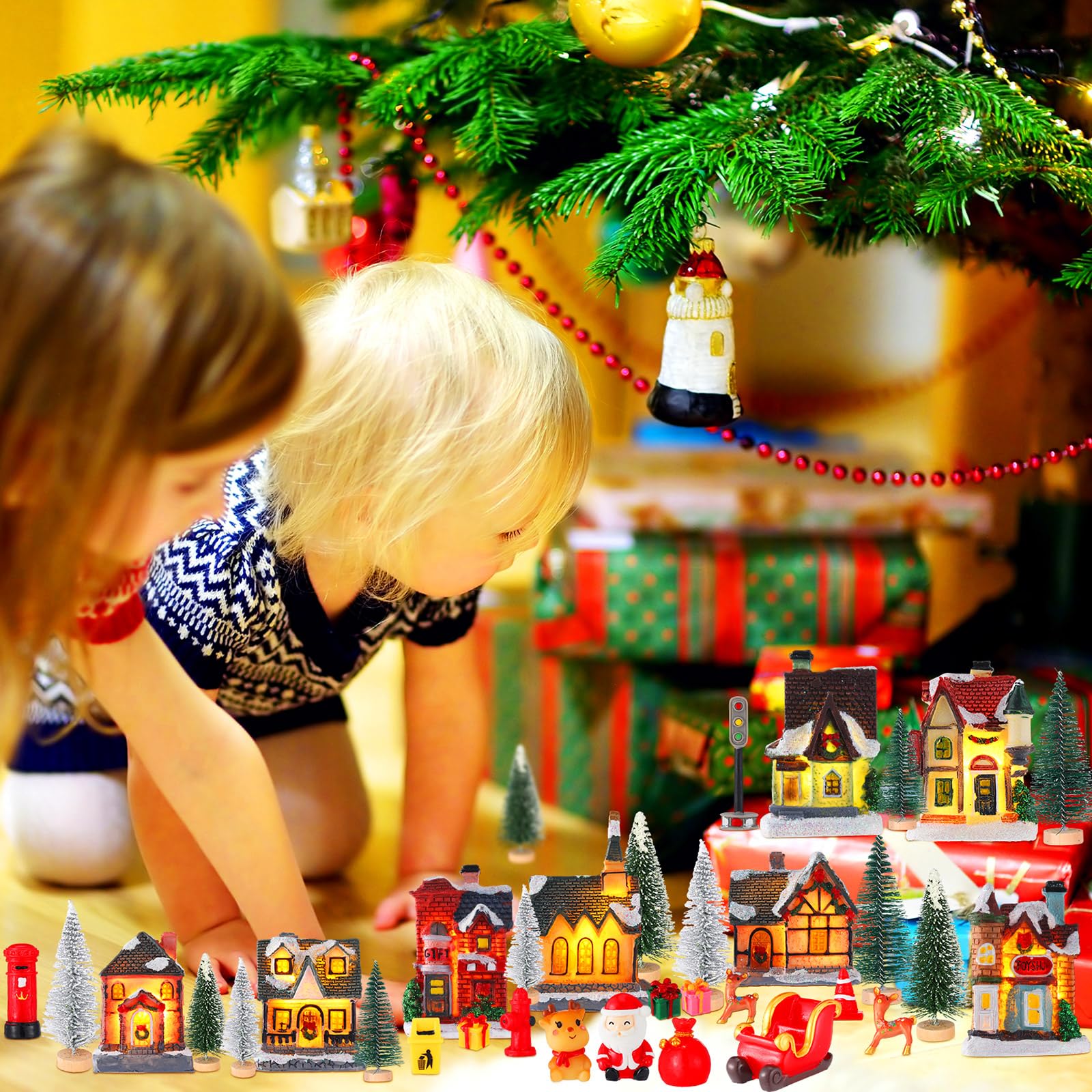 Liliful Lot de 40 maisons de village de Noël lumineuses à LED avec figurines en résine - Bâtiments de collection de Noël miniatures - Scène de ville de Noël - Décoration de bureau