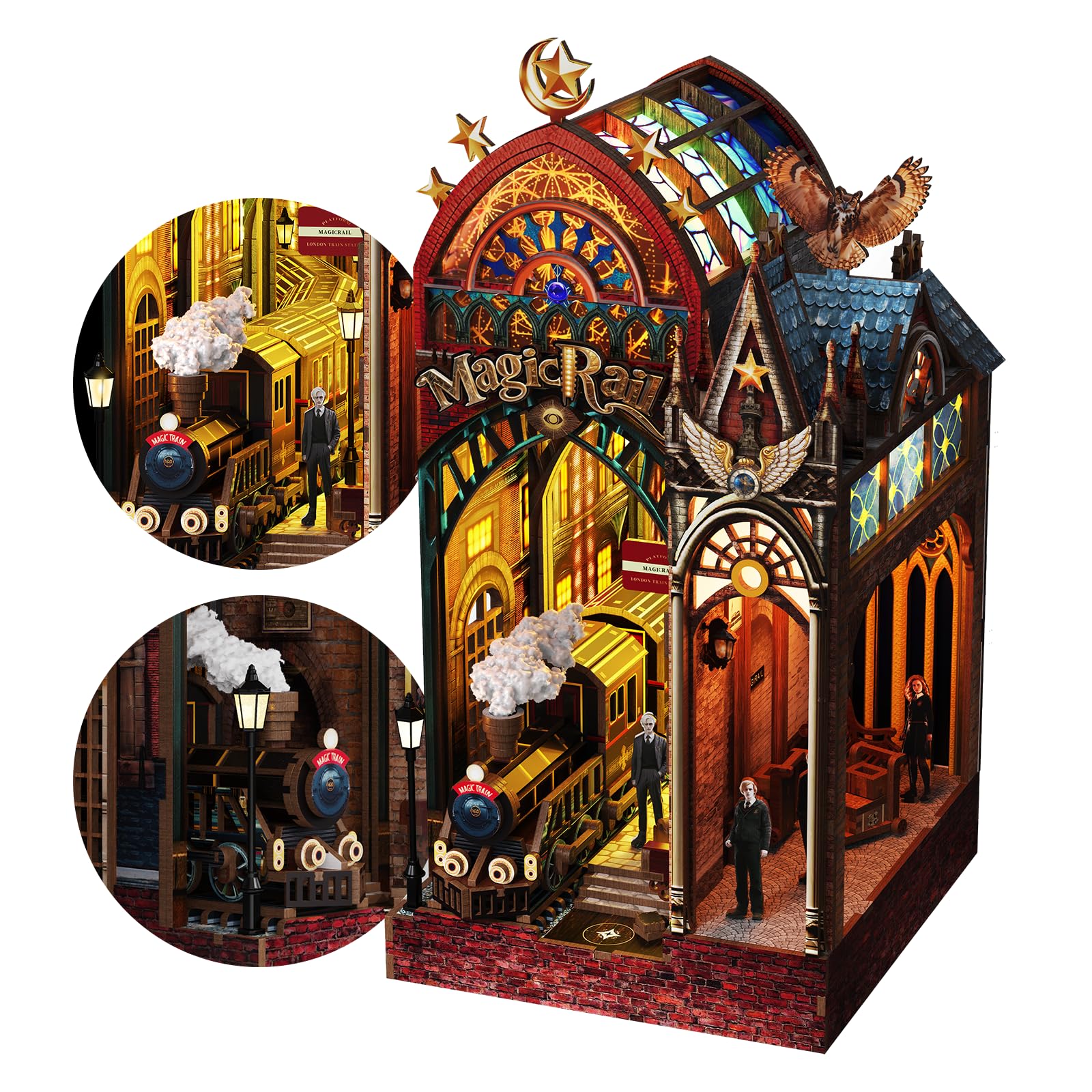 3D Wooden Puzzles Book Nook Kit Magic Train Station with LED Lights & Music, Miniature Wood Puzzle Kits Bookshelf Decor, Creative Puzzle Game Gifts