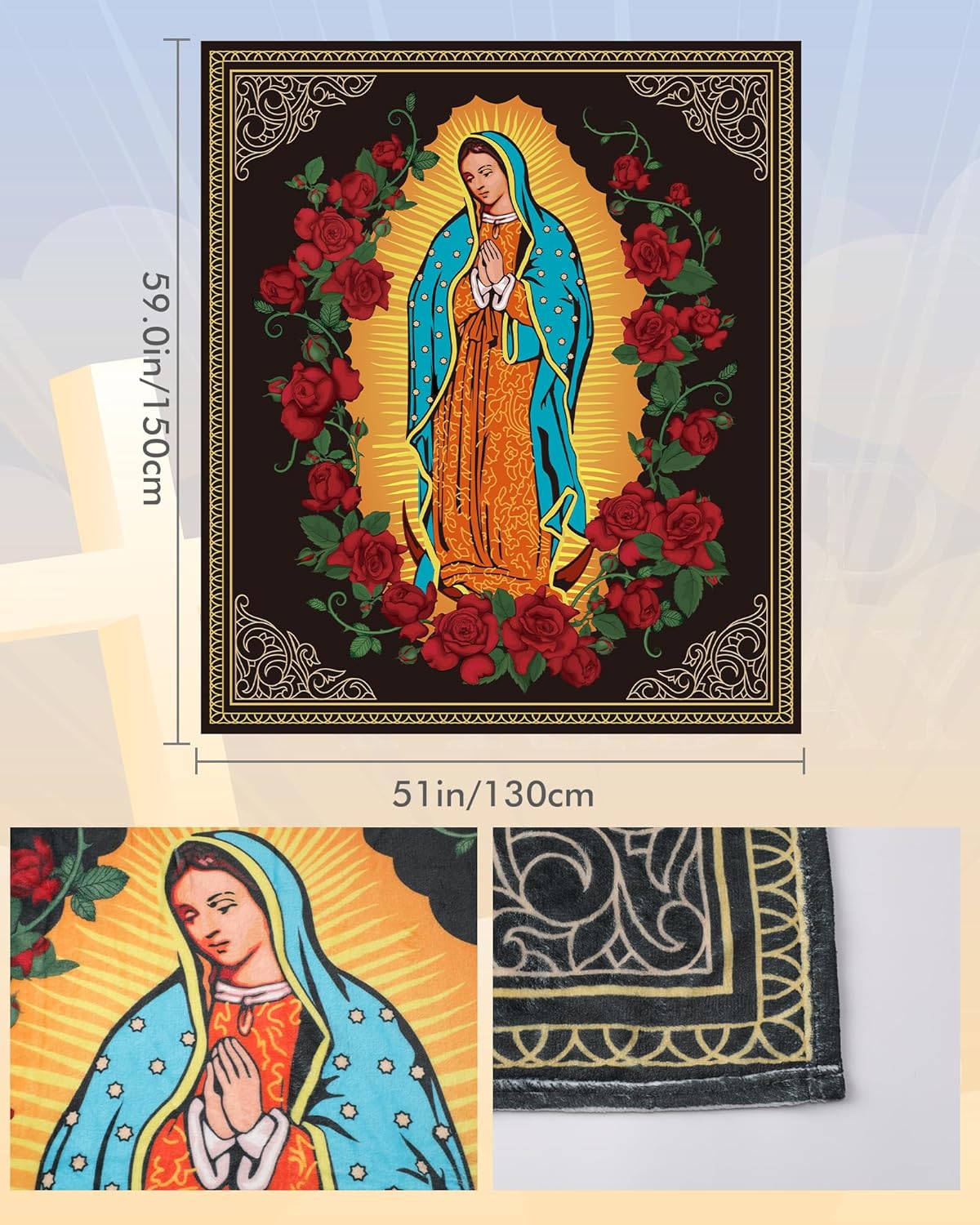 Bozidol Virgin Mary Blanket with Rose, 50"X60" Virgen de Guadalupe Blanket, Inspirational Religious Gifts for Women Men Christian Catholic Faith Prayer Soft Cozy Flannel Throw Blankets for Bed Couch - Image 3