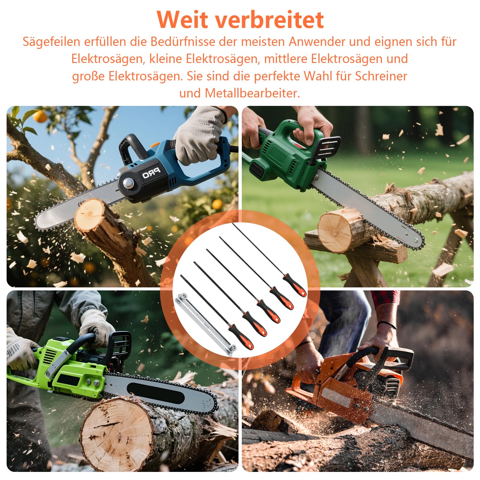 Set di 5 lime per motosega, di alta qualità, con supporto per lima, 5 misure (3,2/4,0/4,5/4,8/5,5 mm), lima per motosega, ideale per professionisti e fai da te