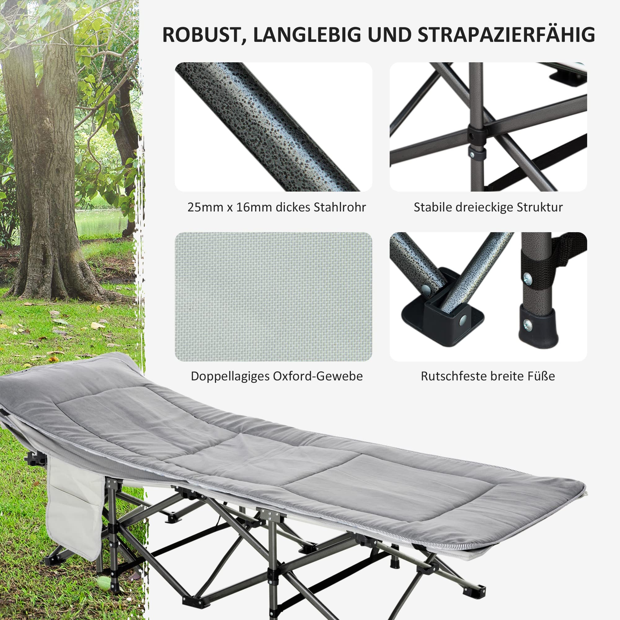 Outsunny Feldbett faltbar mit Matratze 188 x 64,5 x 53 cm | Campingbett, Tragetasche, Gästebett bis 150 kg Belastbar, Campingliege für Erwachsene, Klappbett, Outdoor Camping