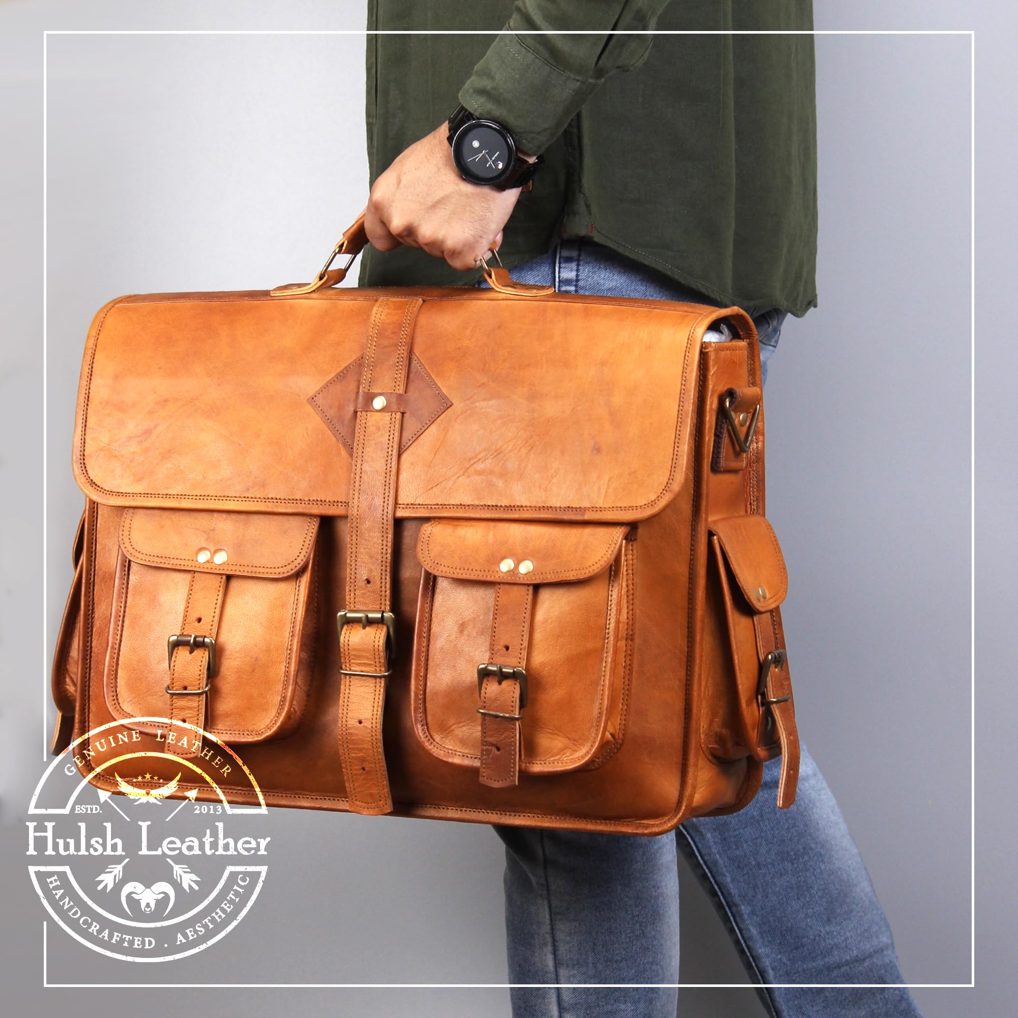 Vintage Leather Laptop Bag for Men Full Grain Large Leather Messenger bag for men 18 inches with rustic look Brown briefcase