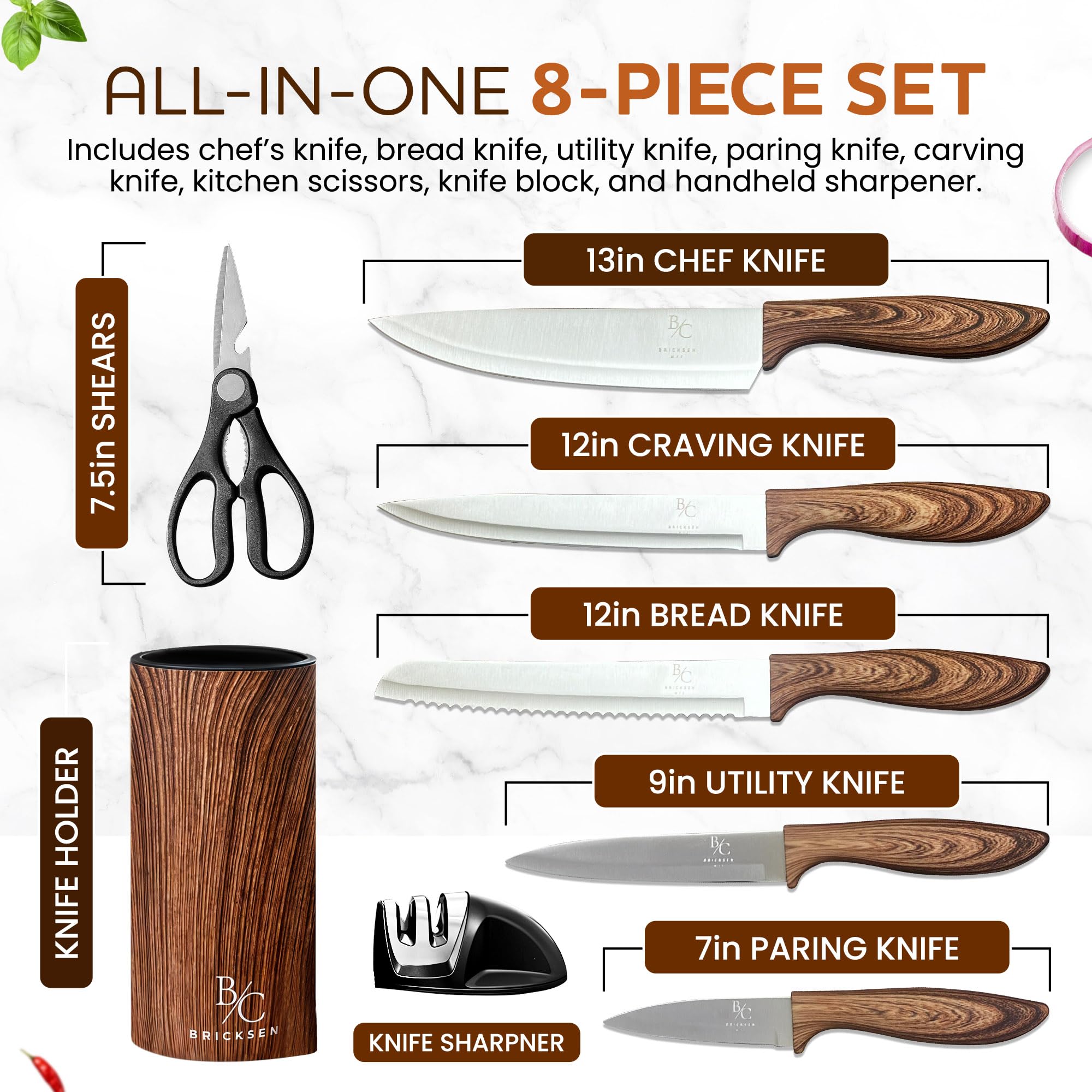 Knife Set, BRICKSEN 8-Piece Kitchen Knife Set with Block and Sharpener – Stainless Steel Cutlery Gift Set – Ergonomic Handles – Anti-Rust – New Home Essentials
