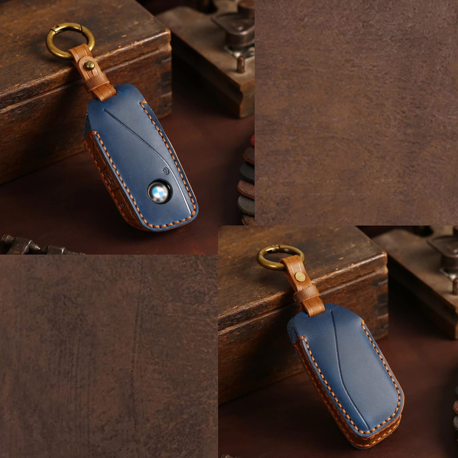 New Leather Car Key Fob Cover Shell Compatible with BMW 2023 New X7 I7 XI 7 Series Handmade Leather Key Case Cover 4 Buttons Blue
