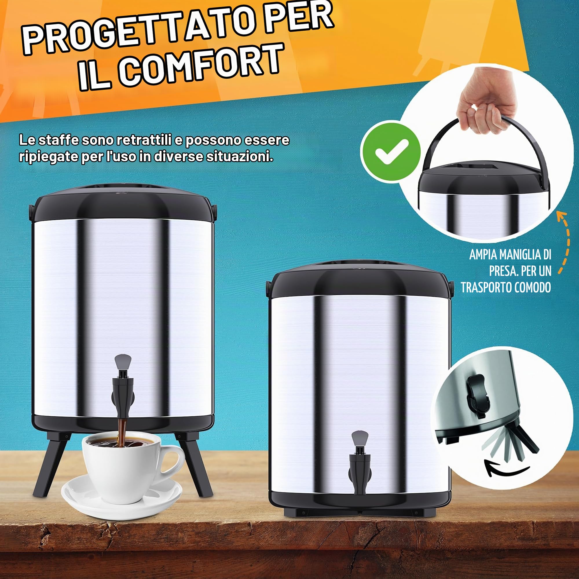 Thermos Grande - Thermos contenitore 6L portatile - Dispenser di bevande termiche con rubinetto - Dispenser di bevande fredde/calde, acqua, caffè - per catering, hotel, eventi o riunioni - acciaio
