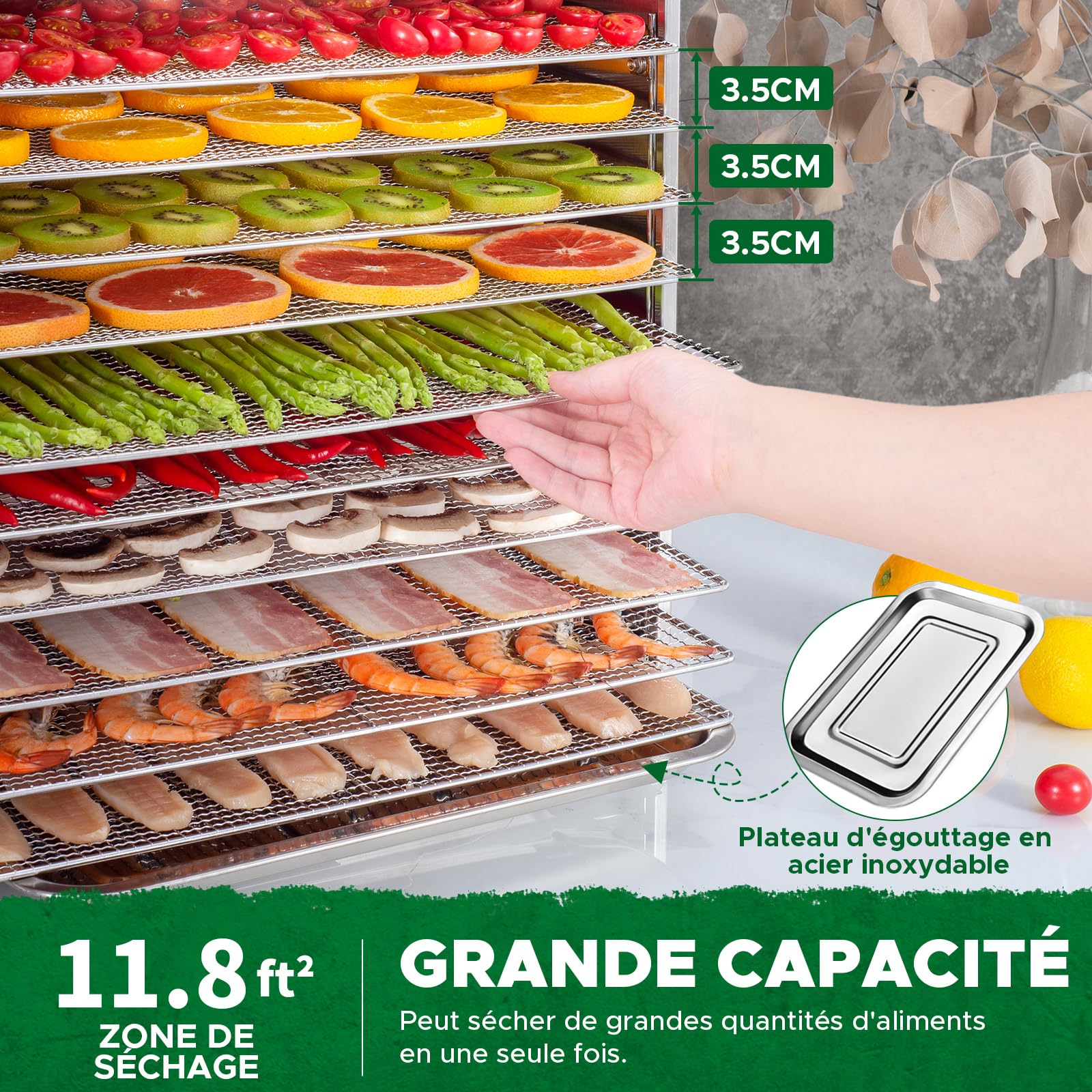 Kwasyo Déshydrateur Alimentaire, 10 Plateaux Desydratateur avec Minuteur (24H) Deshydrateur de Fruit et Legumes Température Réglable (30 à 90°C), Livre de Recettes