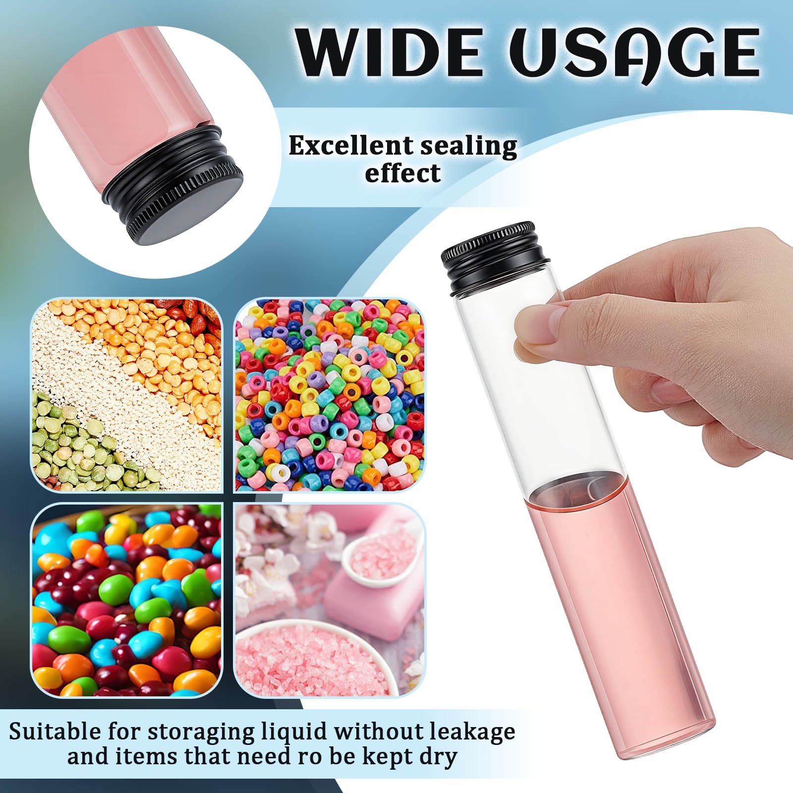 100 unidades de 80 ml/60 ml/50 ml/45 ml/40 ml, tubos de cristal transparente con tapón de rosca para sales de baño, goma de mascar y joyas (negro)