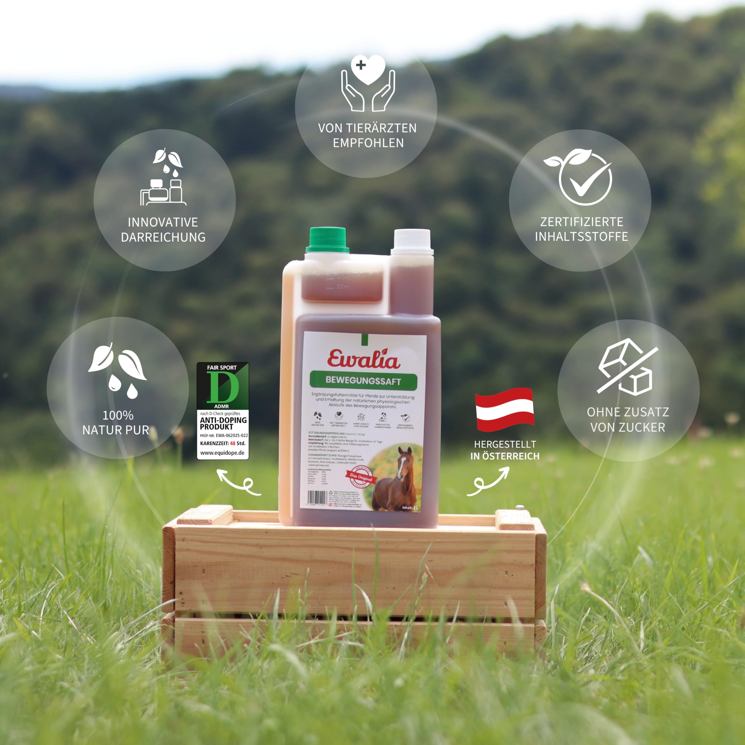 Ewalia Jugo de movimiento | Paquete doble | 2 x 1 l | Complemento alimenticio para caballos | Con corteza de sauce y hierbas