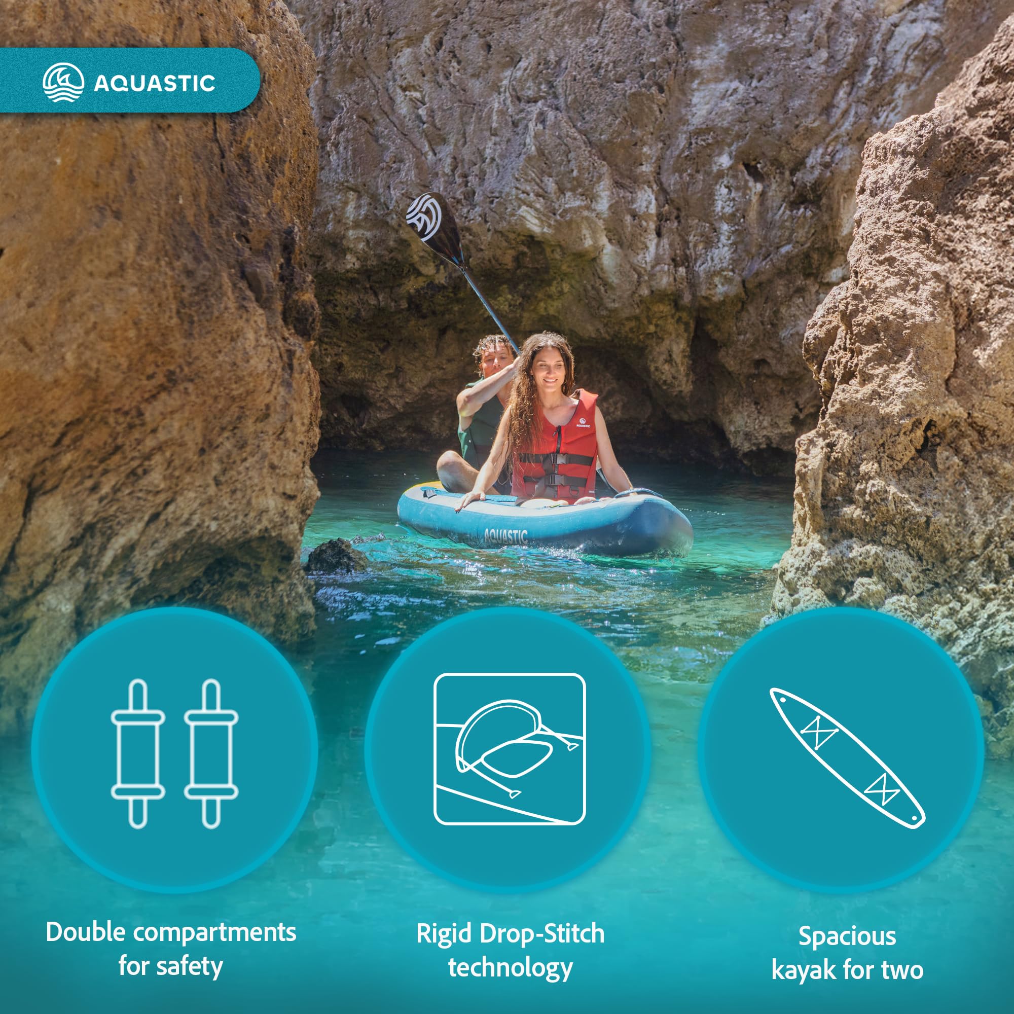 AQUASTIC Raglan 13'2" SUP Kajak Hybrid Board – 620L, 2 Paddelpositionen, Sitz montierbar, Drop Stitch Lite, 98cm breit, 2 Finnen, Eva Deck, Komplettset mit Paddel, Pumpe & Rucksack