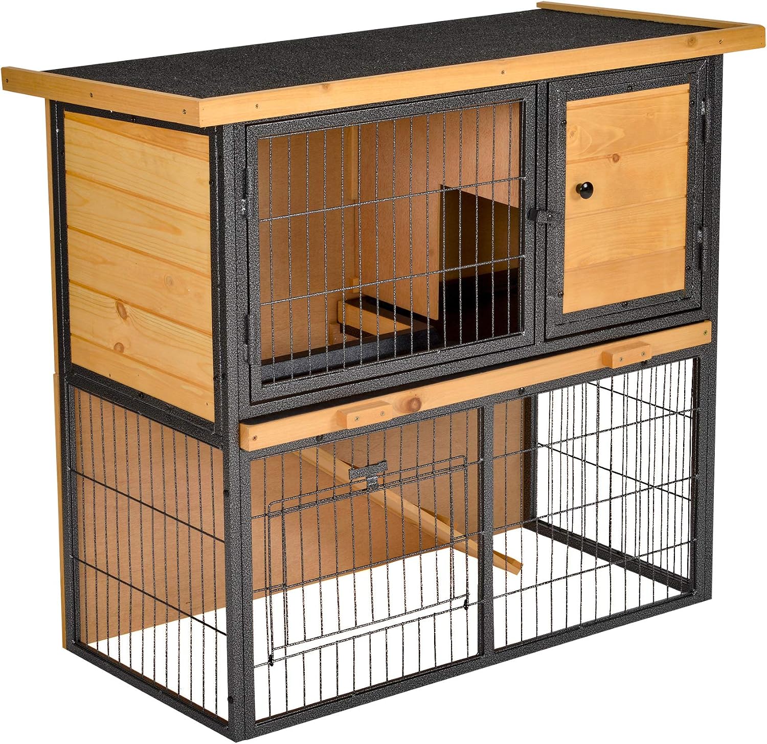 PawHut Wooden Rabbit Hutch Metal Frame Small Animal Habitat with No Leak Tray, Asphalt Openable Roof,Ramp and Lockable Door for Outdoor…