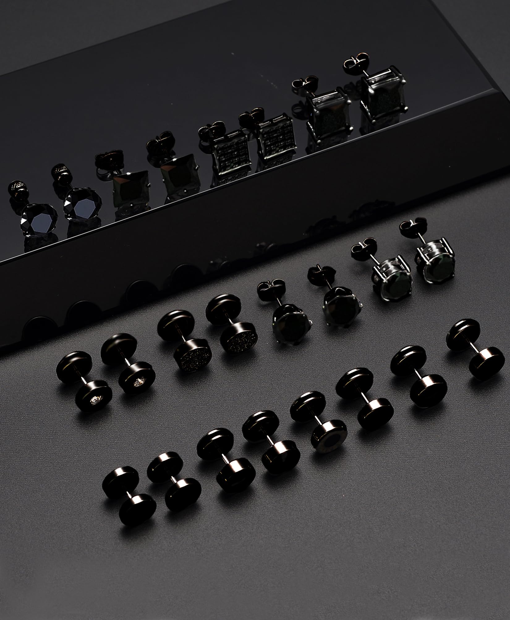 12 Pairs Stainless Steel Stud Earrings Cubic Zirconia Cartilage Barbell Earring Set for Men Women Black Silver Tone 8mm