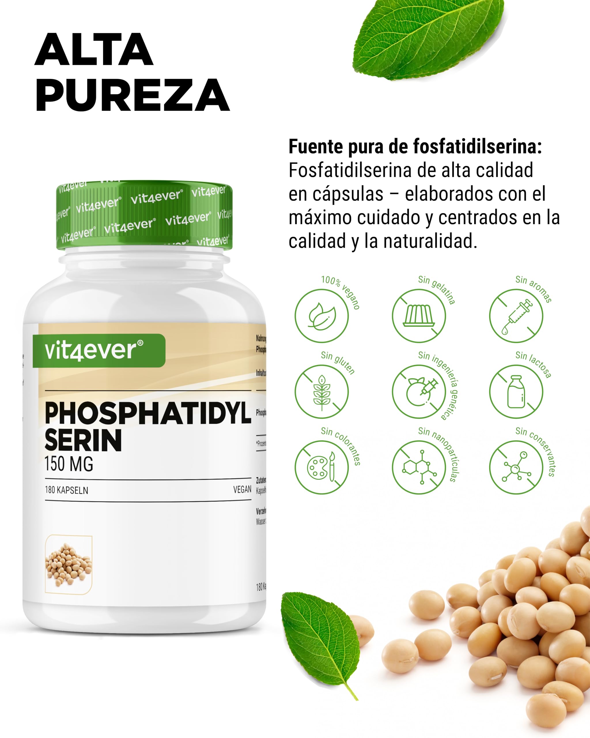 vit4ever Fosfatidilserina Cápsulas - 300 mg por Dosis Diaria - 180 Cápsulas - Alta Dosis - Fosfolípido PS - Vegano - Sin Aditivos Innecesarios