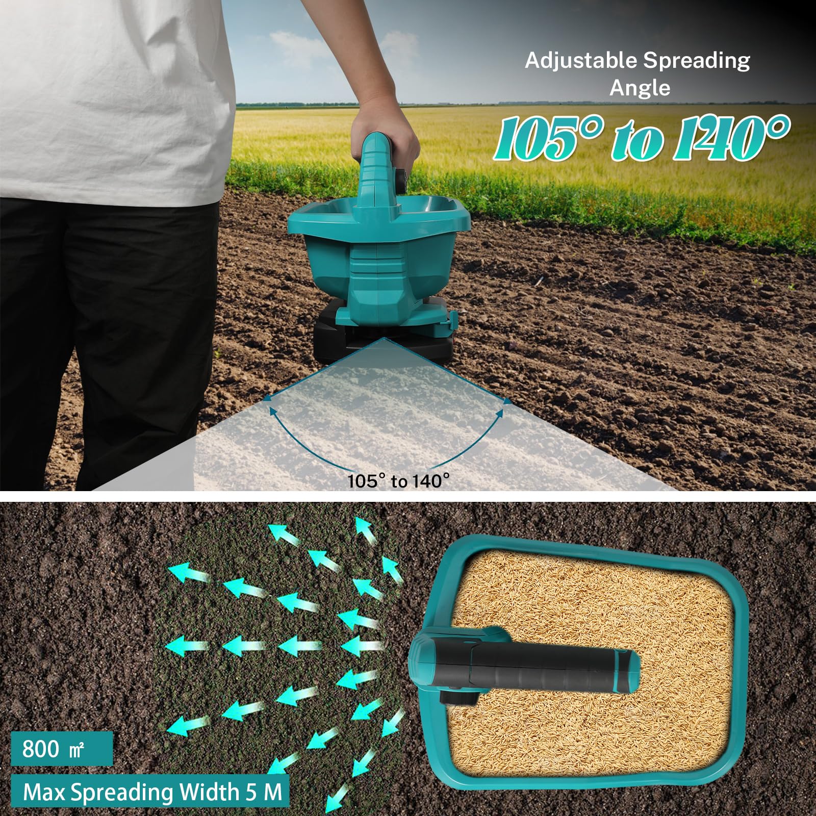 Épandeur d'engrais sans fil pour batterie Makita 18 V, épandeur universel sans fil 3,3 l avec réglage de la vitesse de rotation à 6 niveaux, réglage de la quantité d'épandage à 8 niveaux, angle de