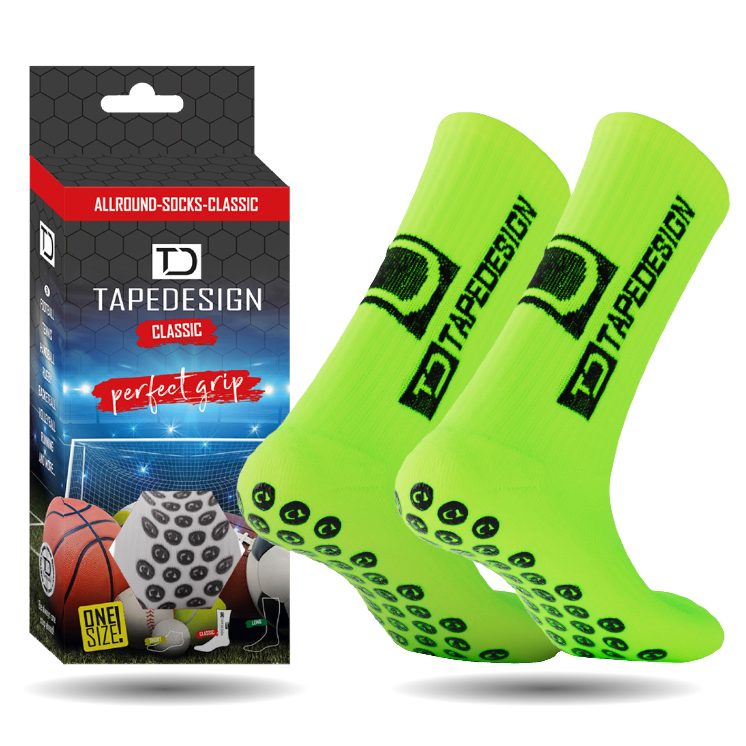 Tapedesign - "Classic 1 Pair Non-Slip Football Grip Socks Neon-Green (Size 5-14) Men, Women & Kids - Soccer Socks for Adults & Youth (Unisex) - Anti-Slip Sport Socks for Basketball, Tennis & Running