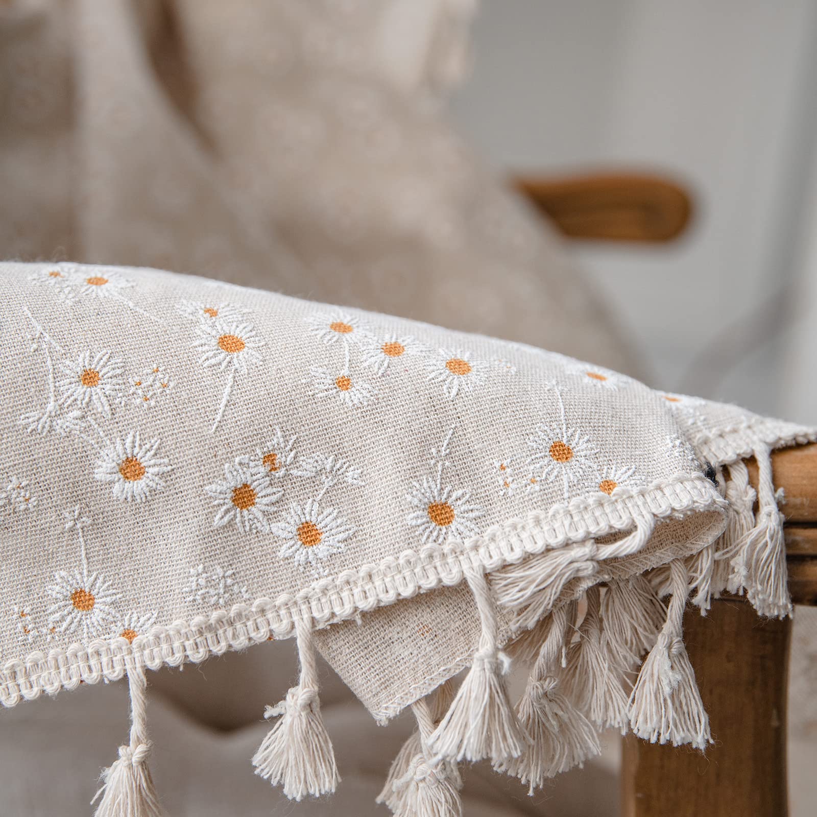 ENJOYBRIDAL Floral Curtains 96 Inch Length 2 Panels Tassel Drapes Rod Pocket Semi-Sheer Boho Daisy Bedroom Living Room Farmhouse Rustic Bohemian Window Curtain Panels - Image 4