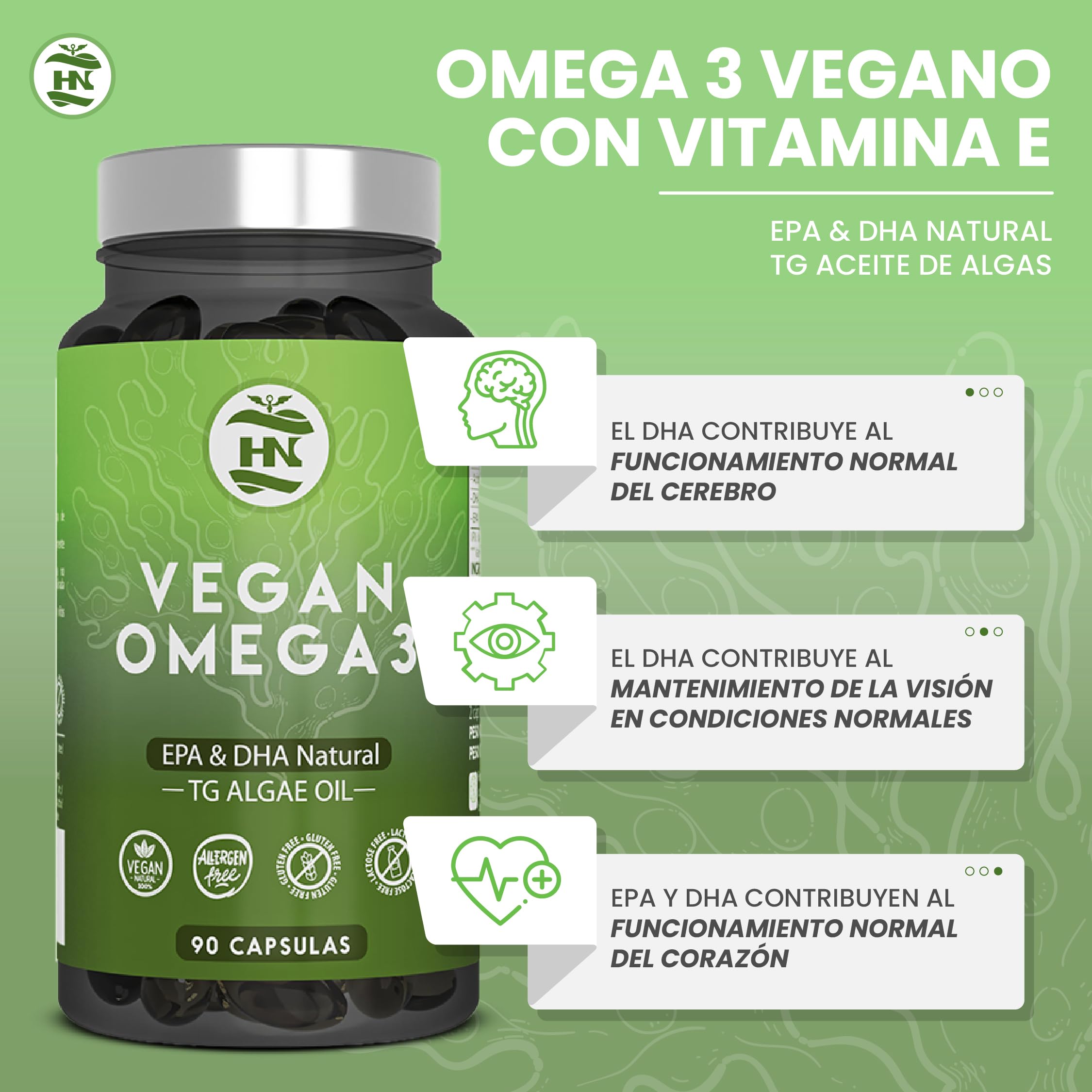 Omega 3 Vegano de Algas (90 Caps) Omega-3 Aceite de Algas equilibrado con DHA y EPA, Omega3 Algas Marinas con Vitamina E, Ideal para Cerebro y Corazón, Suplemento para Veganos-Vegetarianos (4 Botes)