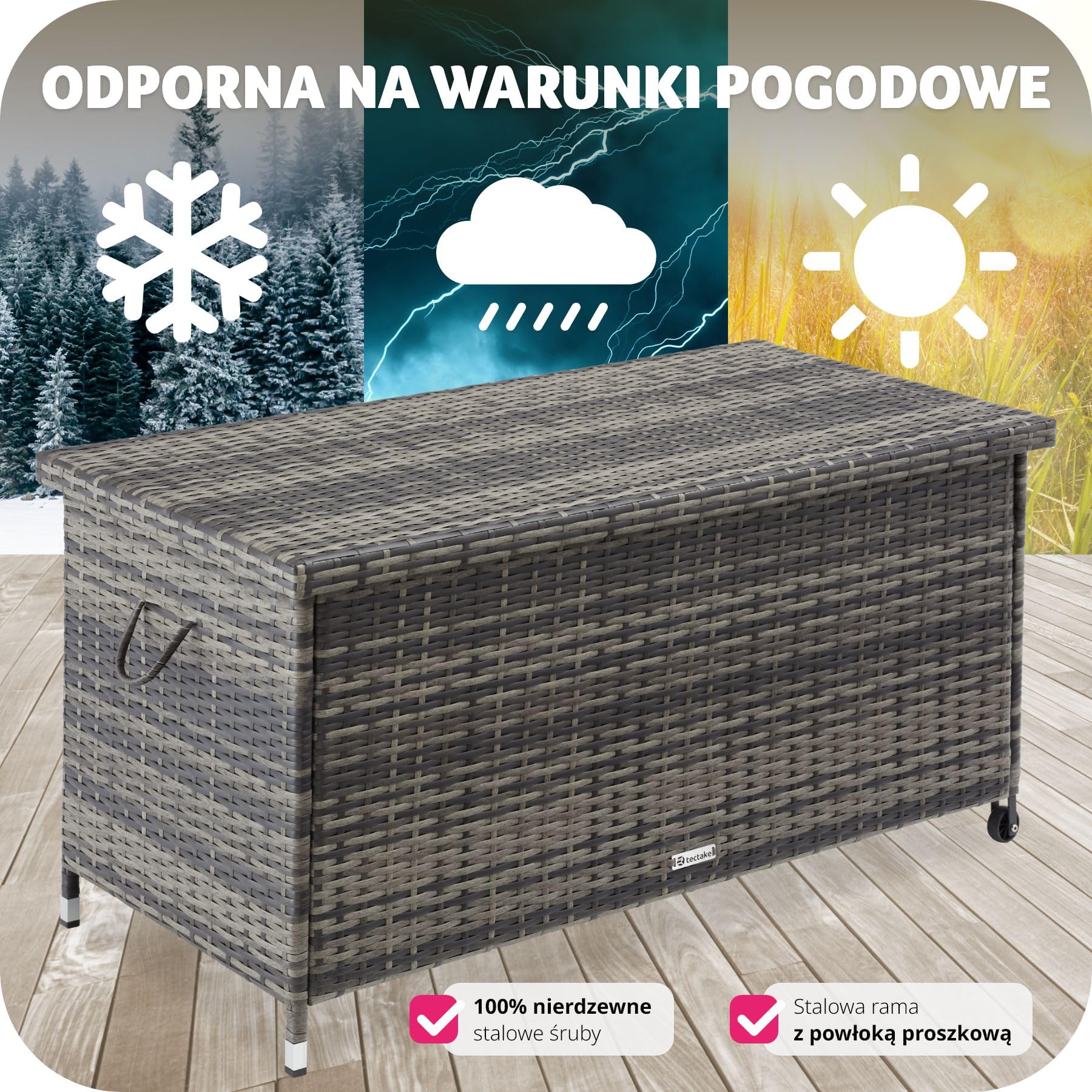 tectake® Uniwersalna Skrzynia Ogrodowa, Duża Pojemność 297l, 117x54x64cm, Trwała Plecionka z Polirattanu, Wytrzymała Rama z Aluminium, Wzmocniona Pokrywa z Systemem Sprężyny Gazowej (Szary)