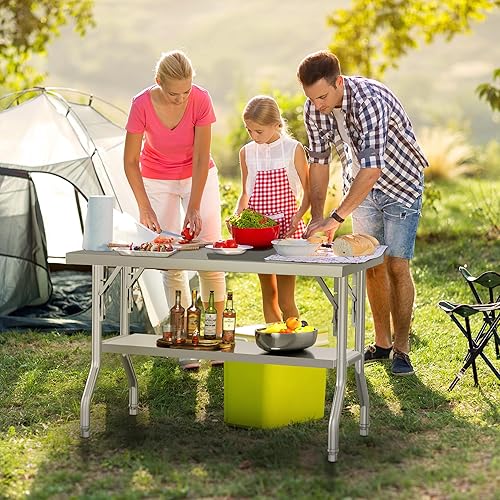 Miniatura 7 de YITAHOME Mesa plegable de acero inoxidable, mesa de preparación plegable de 48 x 24 pulgadas con estante inferior, mesa plegable de acero inoxidable