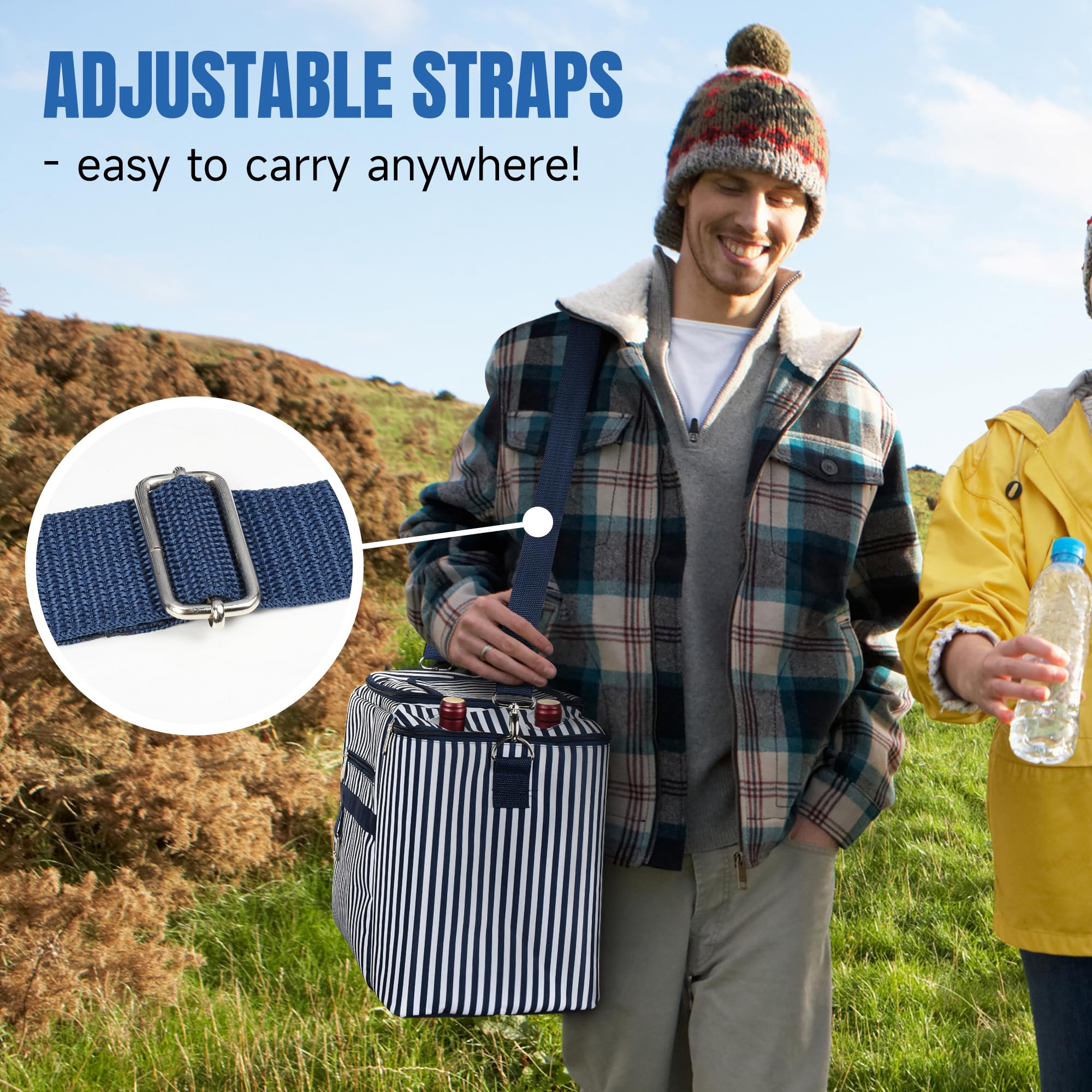 Gran Bolsa térmica de Picnic a Prueba de Fugas, Bolsa de Picnic aislada Bolsa de Comida para el Almuerzo con Correa de Hombro Ajustable para Picnic Camping Trabajo, Raya Azul