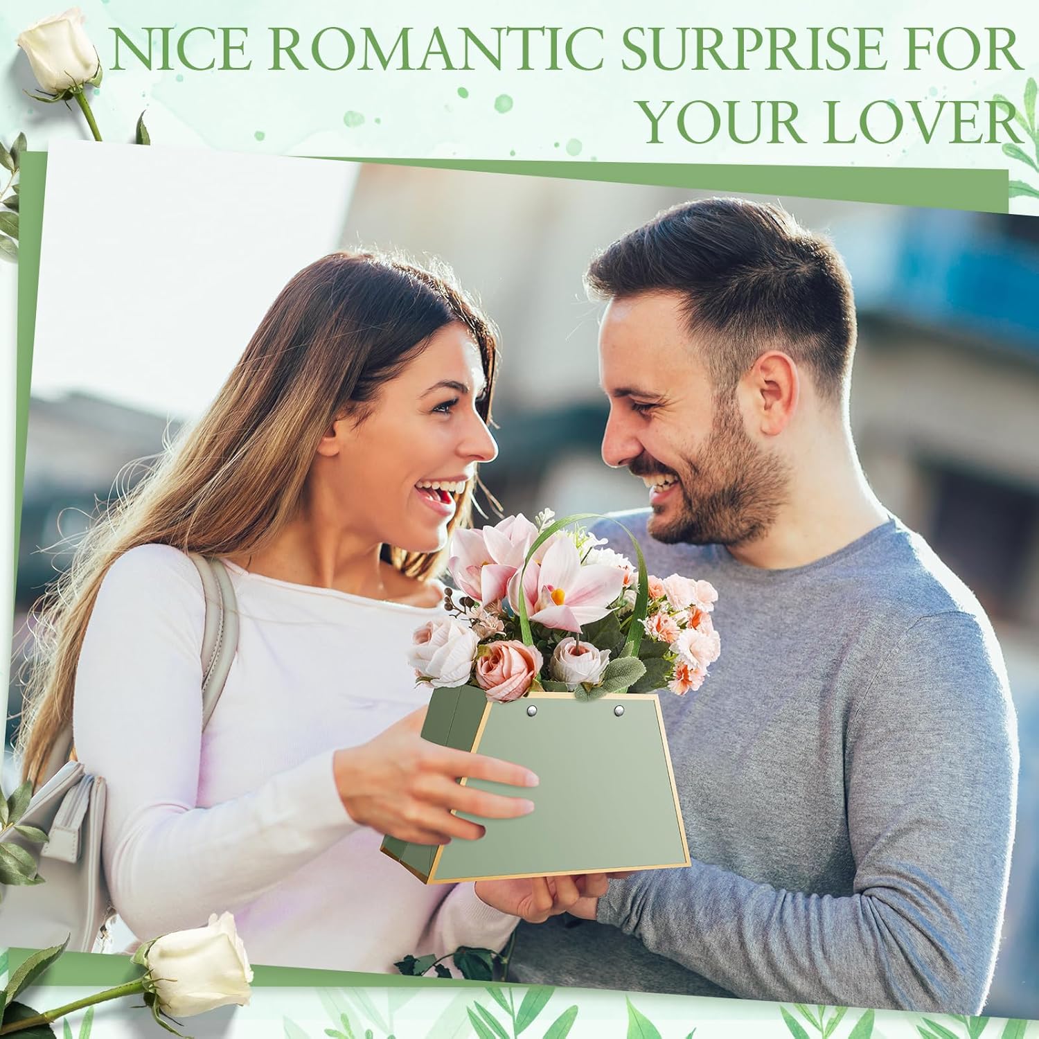 Noveread 24 Pcs Valentine's Day Floral Gift Bags Bulk Portable Bouquet Wrapping Paper Bag with Handle Waterproof Flower Florist Wrap Centerpiece Box for Women Anniversary Wedding Birthday(Sage Green) - Image 4