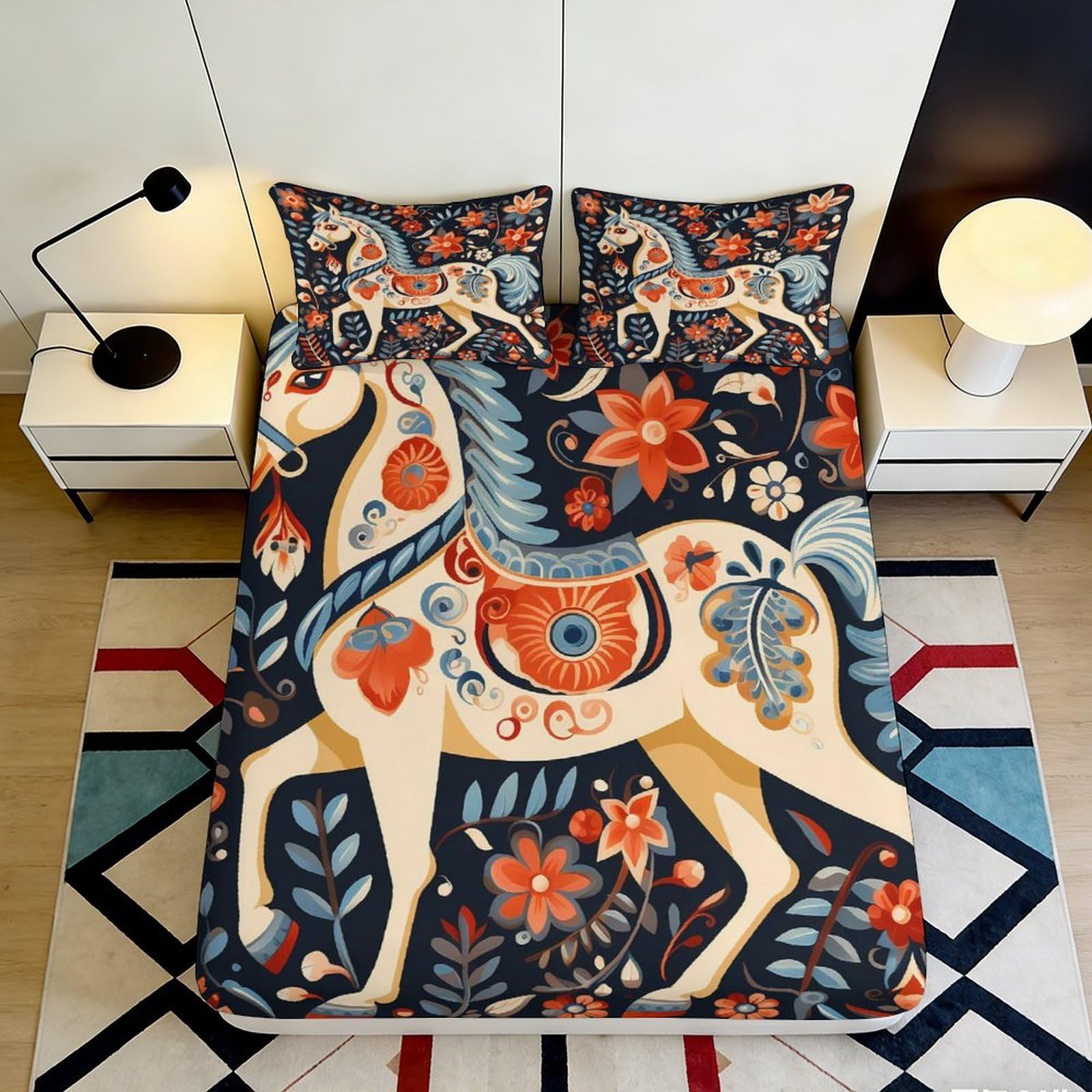 Pnayamiorkfel Style-9 3D Printed Folk Horse Fitted Sheet Microfiber Vibrant Floral Mattress Cover Bedroom Decor Protection 90X200x25cm
