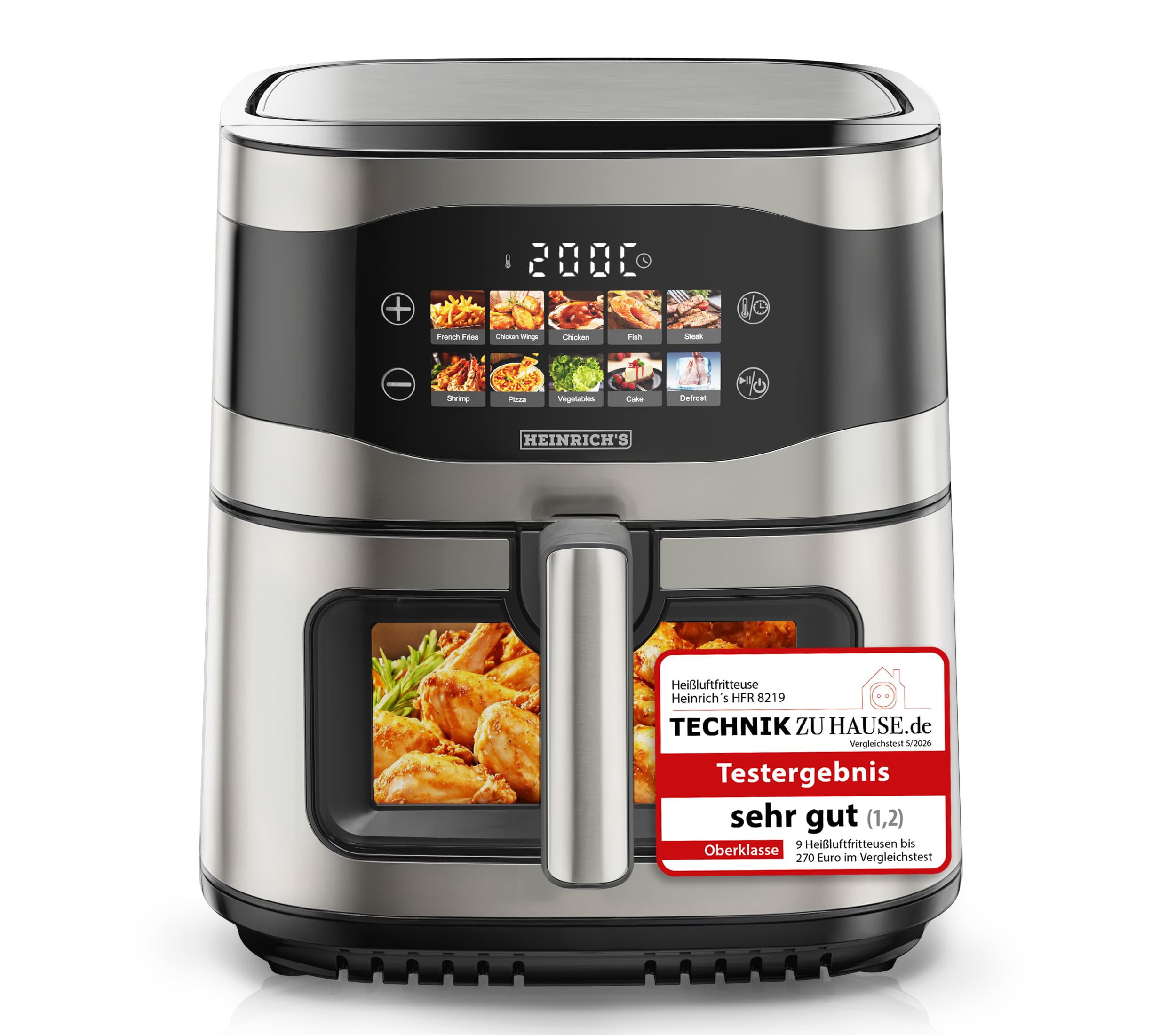 HEINRICHS Heißluftfritteuse, 9 Liter XXL Air Fryer, 10in1 Heißluftfritteuse, LED-Display mit Sensor-Touch Bedienung, fettfreie Zubereitung, inkl. Timer, platzsparend, spülmaschinenfester Korb, 1800W