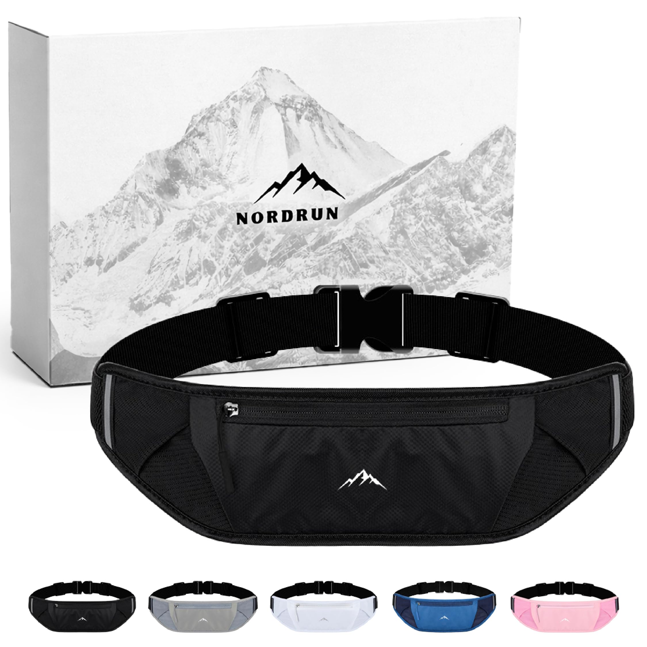 Nordrun Riñonera Running Ajustable e Impermeable para Mujer y Hombre | Cinturon Running Apto para Todos los Moviles | Porta Movil Running | Riñonera Deportiva | Running Belt (Negro)