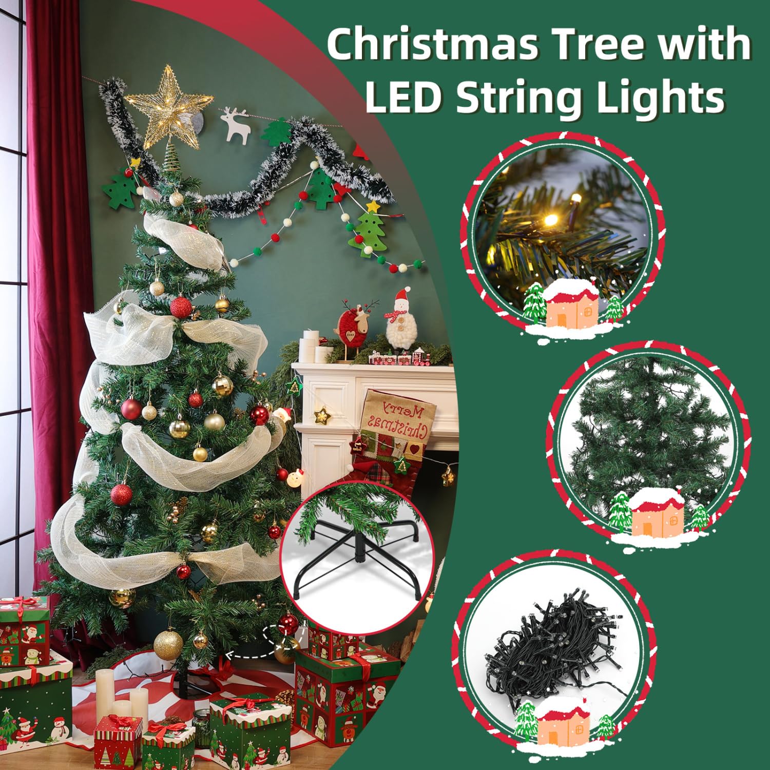 Aigostar Albero di Natale Artificiale da 180 CM,con Catena di Luci LED da 18 M,300 LED Bianco Caldo,8 Modalità di Illuminazione,450 Rami,Colore Verde,Include Supporto in Metallo.