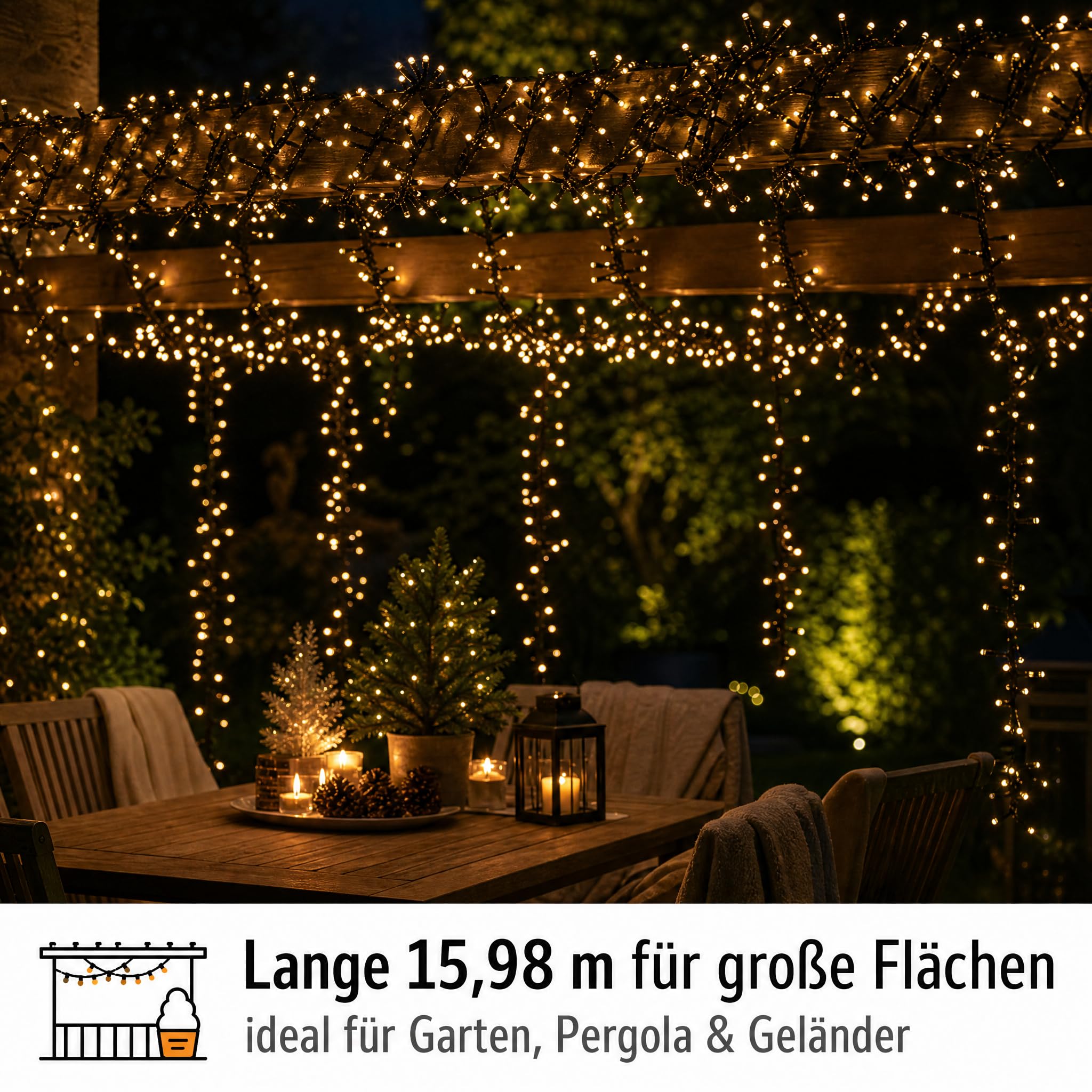 hellum Lichterkette Außen LED mit Stecker, 800 Mini-LED warmweiß, 15,98 m beleuchtet, schwarzes Kabel, für Weihnachtsbaum, Balkon & Terrasse, Gartenbeleuchtung, <59lm, 151893