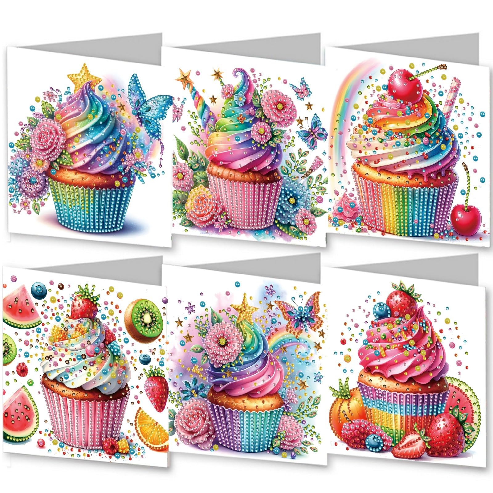 6 Packs DIY Diamond Art Cards with Envelopes, DIY Diamond Art Painting Greeting Cards Happy Birthday Holiday Card Kits Present-04-Cupcakes