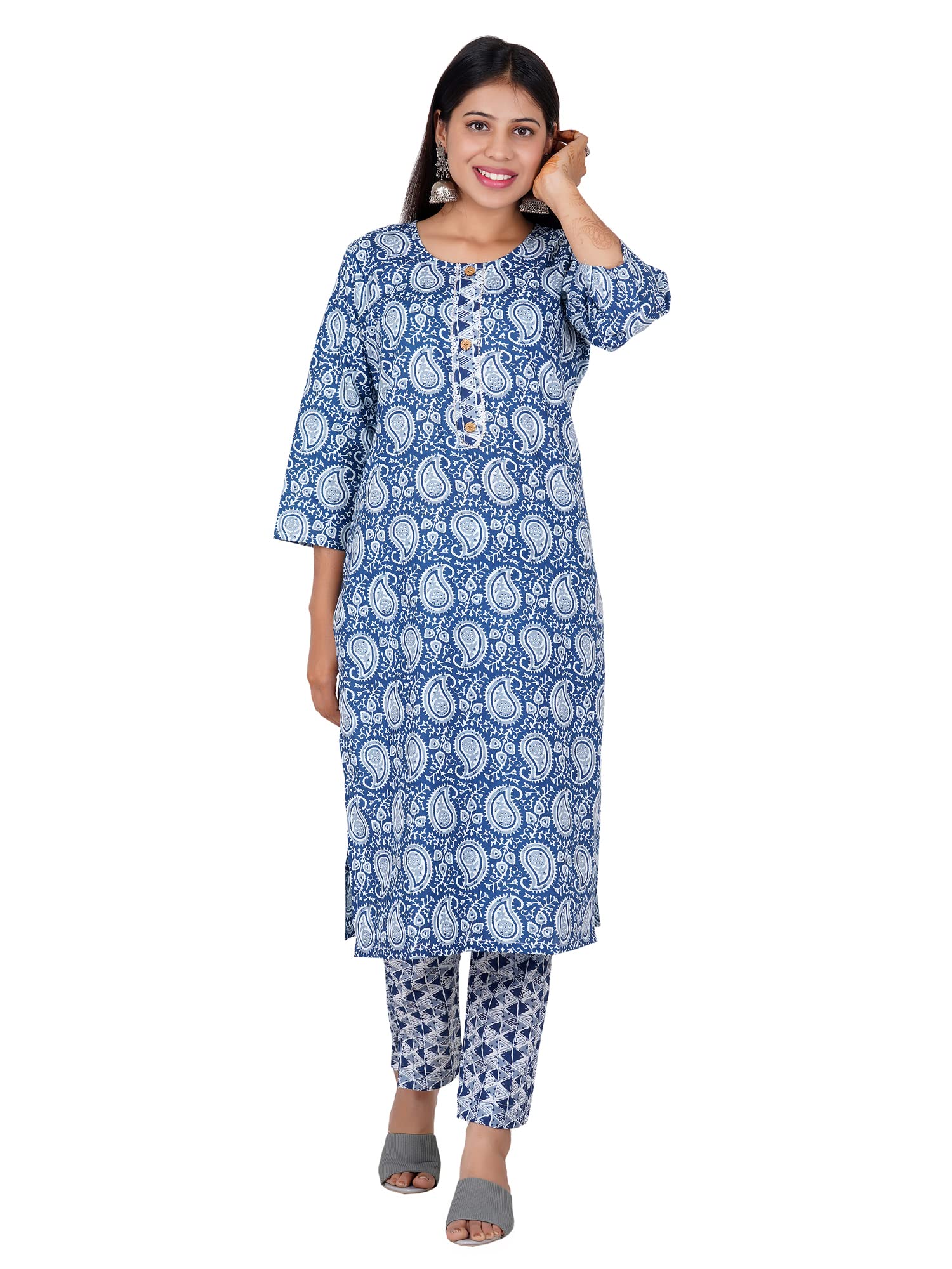 HVS -Women floral printed Blue Kurti Pant Set