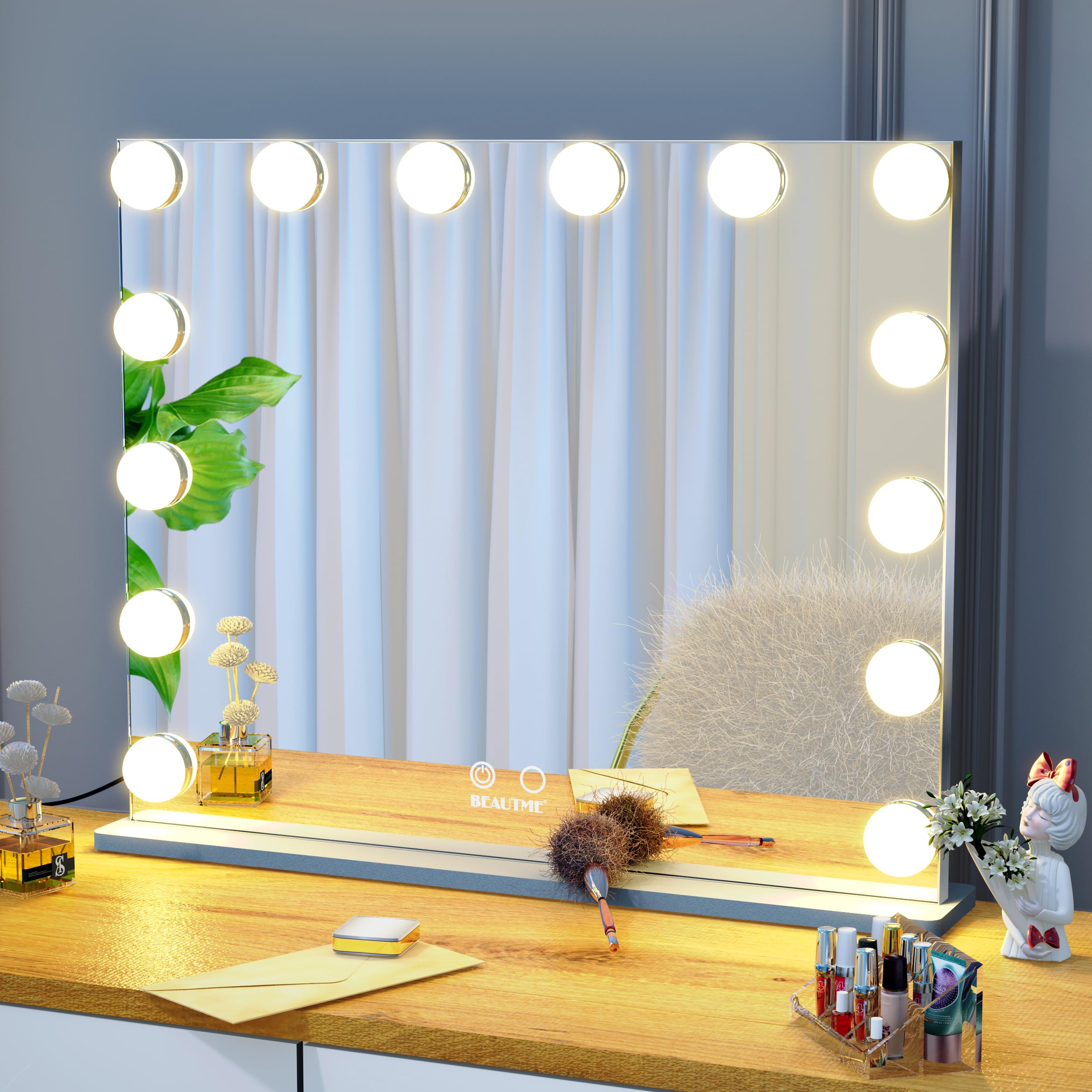 WONSTART Vanity Mirror with Light, Hollywood Lighted Makeup Mirror by Touch Control, Tabletop or Wall-Mounted Mirror with 14 Led Bulbs, Including 10X Magnifying 62 x 51.2 cm(Silver)