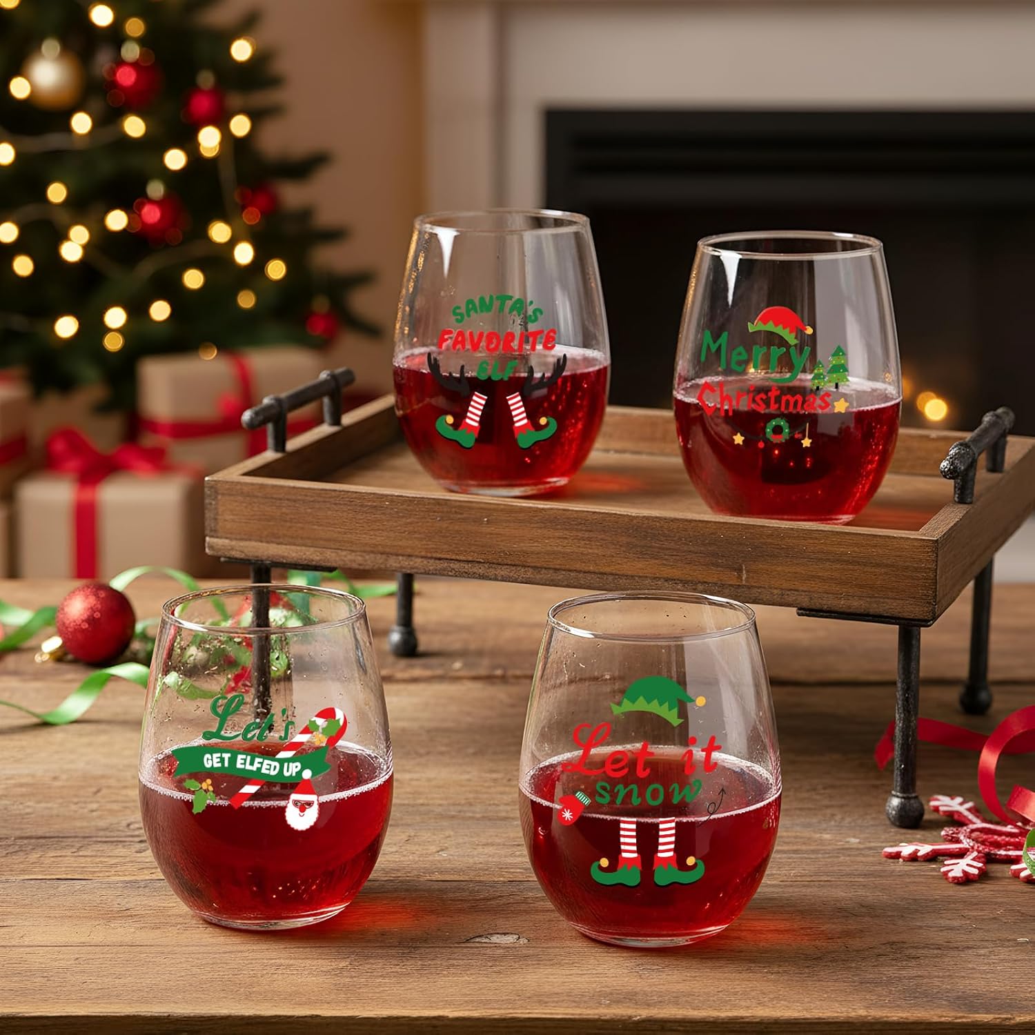 Hushee Set of 4 Christmas Wine Glasses Christmas Elf Glasses Drinkware Xmas Stemless Wine Glass for Home Housewarming Creative Gifts Teacher Men Woman Family Friends Coworkers Holiday Party Decor - Image 3