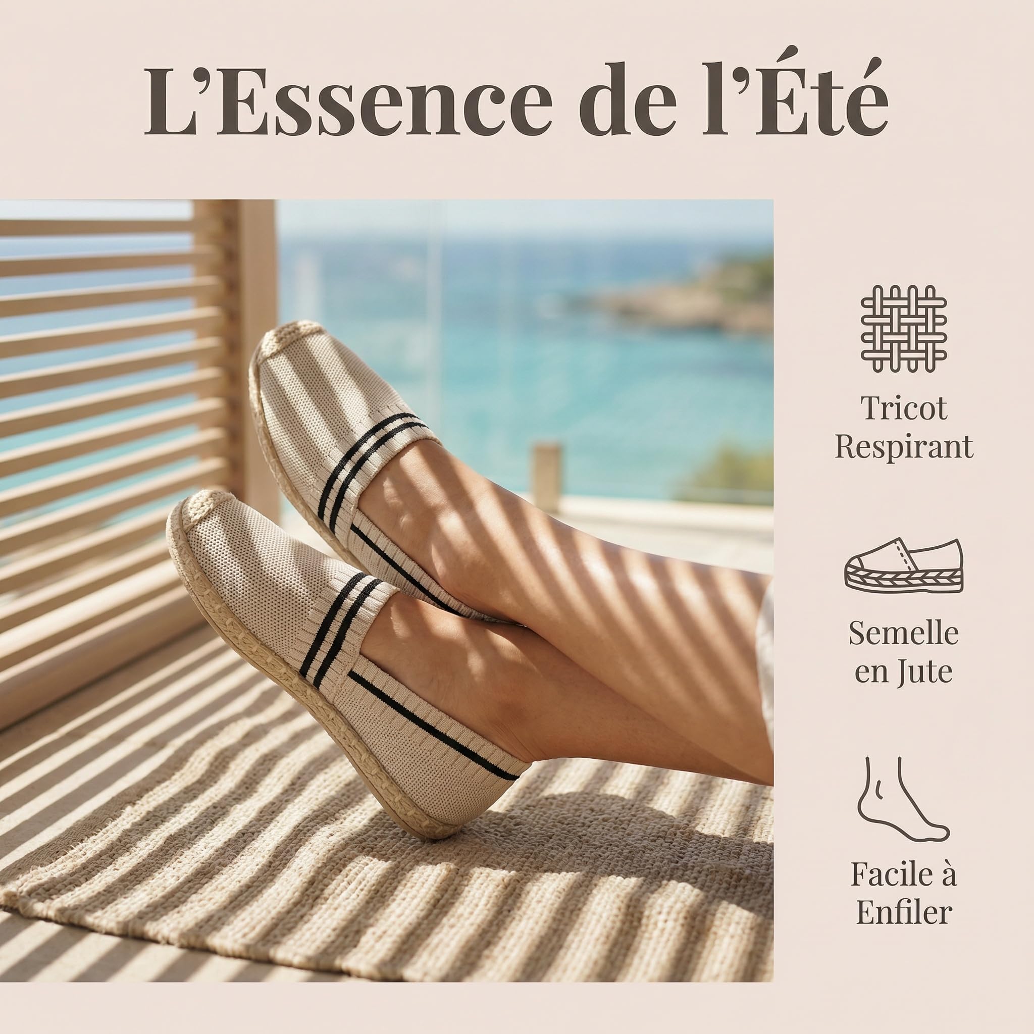 GLAMORA Espadrilles Femme Maille Respirante Été Slip-on Légères Semelle Corde Tressée Confort Marche Quotidienne Antidérapantes Souples Ballerines Tricot Mocassins Casual Voyage Ville