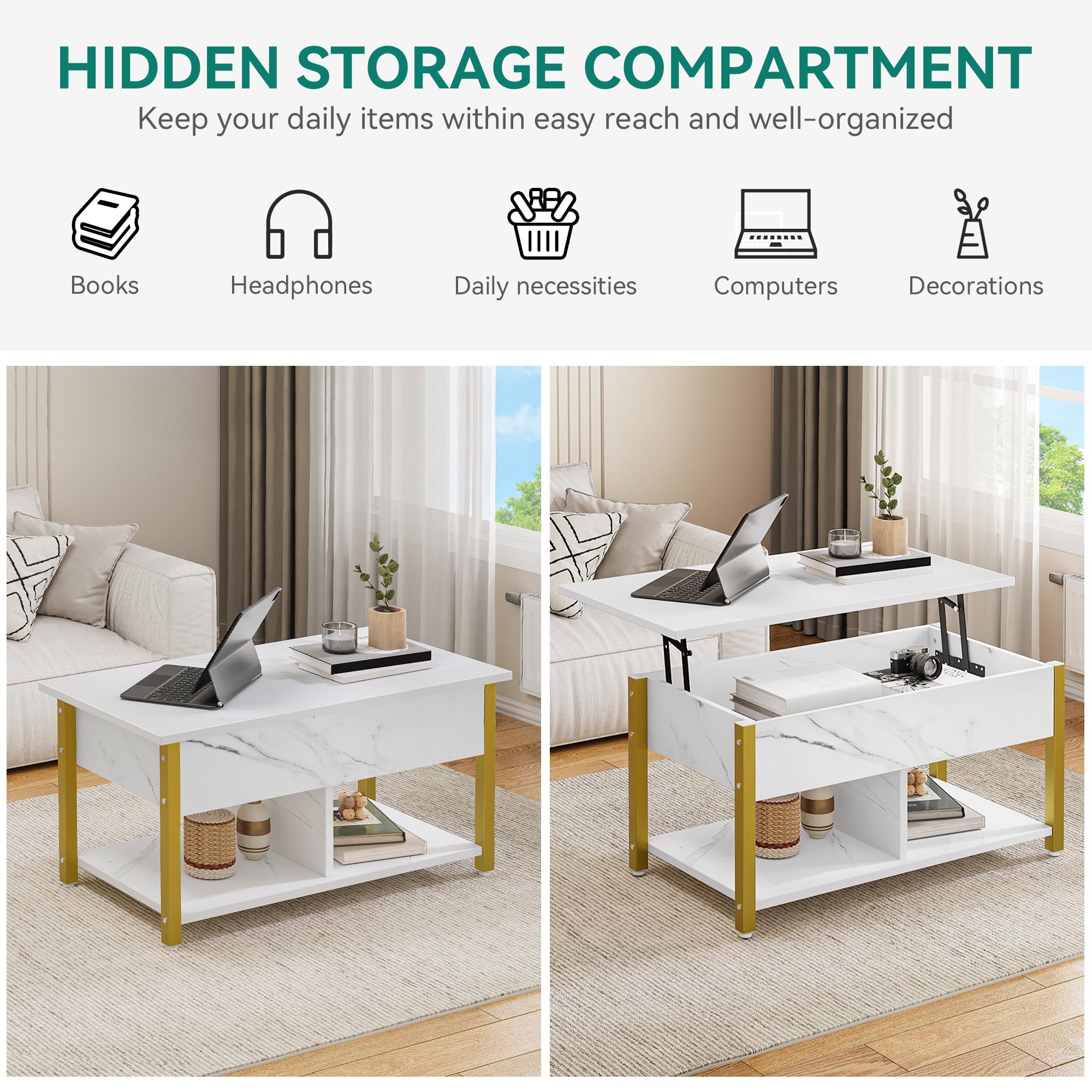 YITAHOME Salontafel met lifttop, gemakkelijk op te tillen, 2-laags