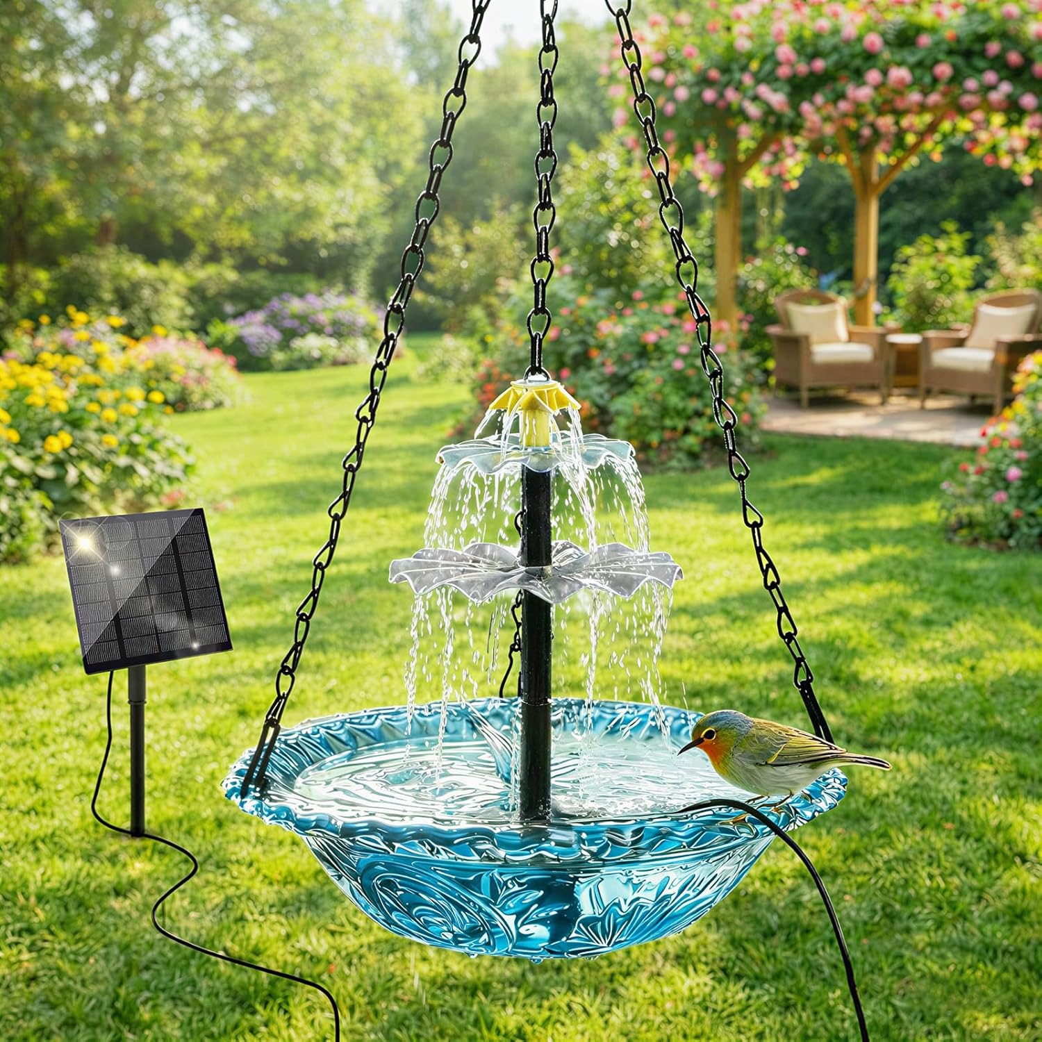 Hanging Solar Bird Bath Fountain, 3 Layers Outdoor Cascading Bird Bath with Solar Pump, 3 Nozzles & Blue Glear Bowl, Attracts Wild Birds for Garden, Backyard, Pergola