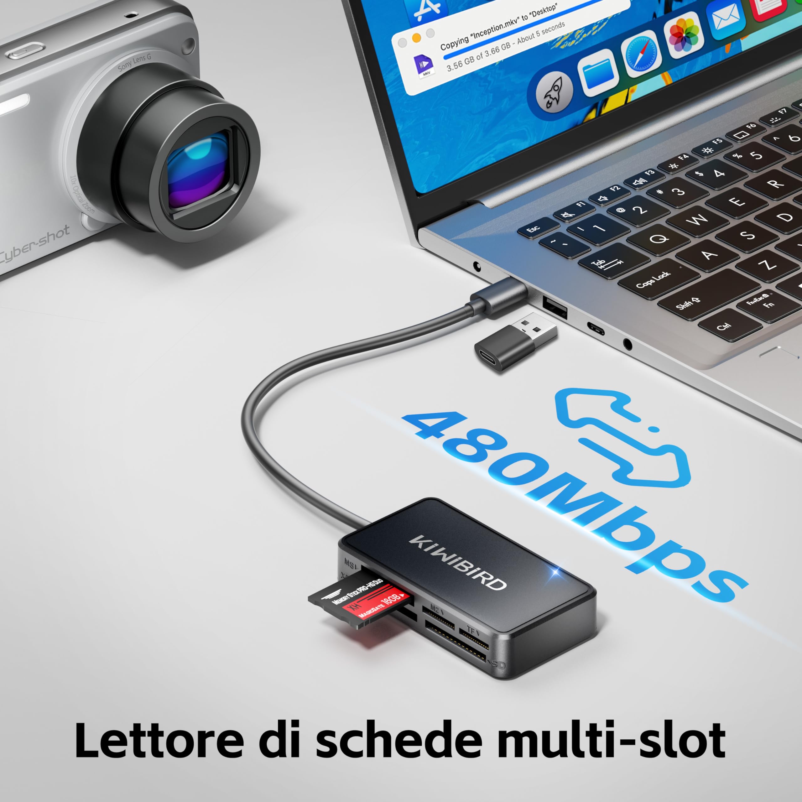 KiWiBiRD lettore schede SD USB-C, Compact Flash card reader, Memory Stick Pro Duo adapter per MS xD M2, compatibile con iPhone 17 Pro Max 17 Air MacBook Mac Galaxy S25 Android